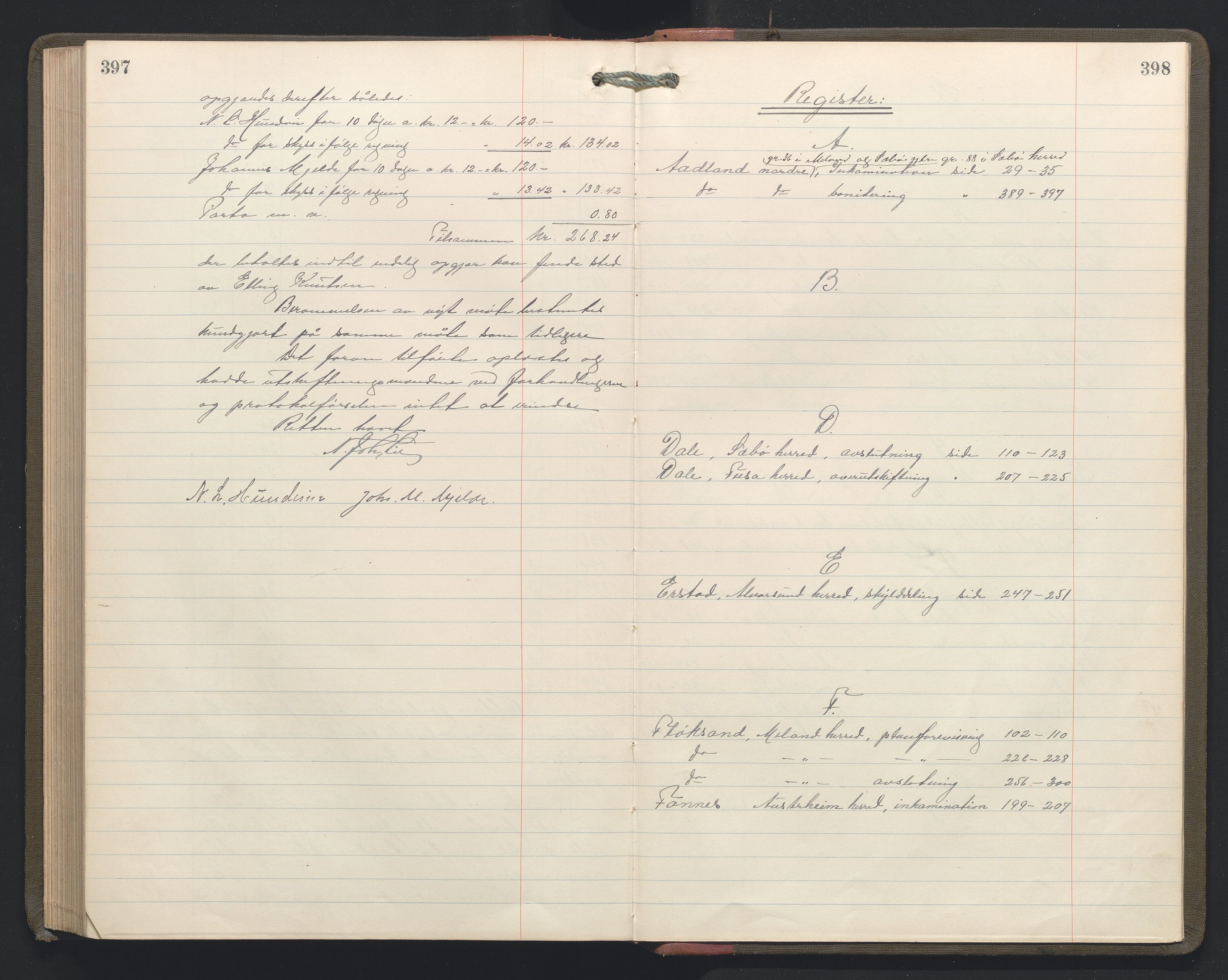 Hordaland jordskiftedøme - II Ytre Nordhordland jordskiftedistrikt, AV/SAB-A-6901/A/Aa/L0034: Forhandlingsprotokoll, 1923-1925, p. 397-398