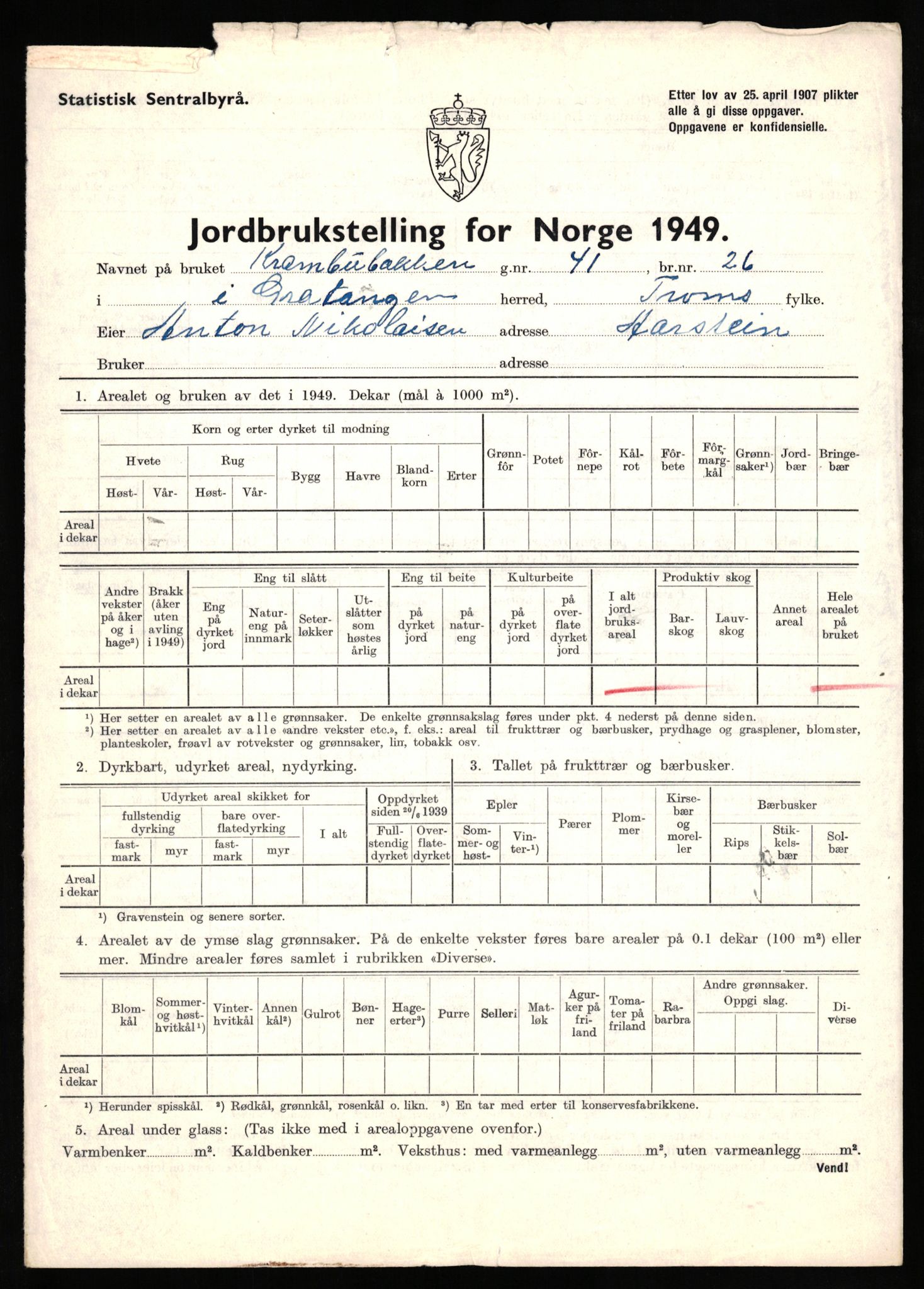 Statistisk sentralbyrå, Næringsøkonomiske emner, Jordbruk, skogbruk, jakt, fiske og fangst, AV/RA-S-2234/G/Gc/L0437: Troms: Gratangen og Lavangen, 1949, p. 607