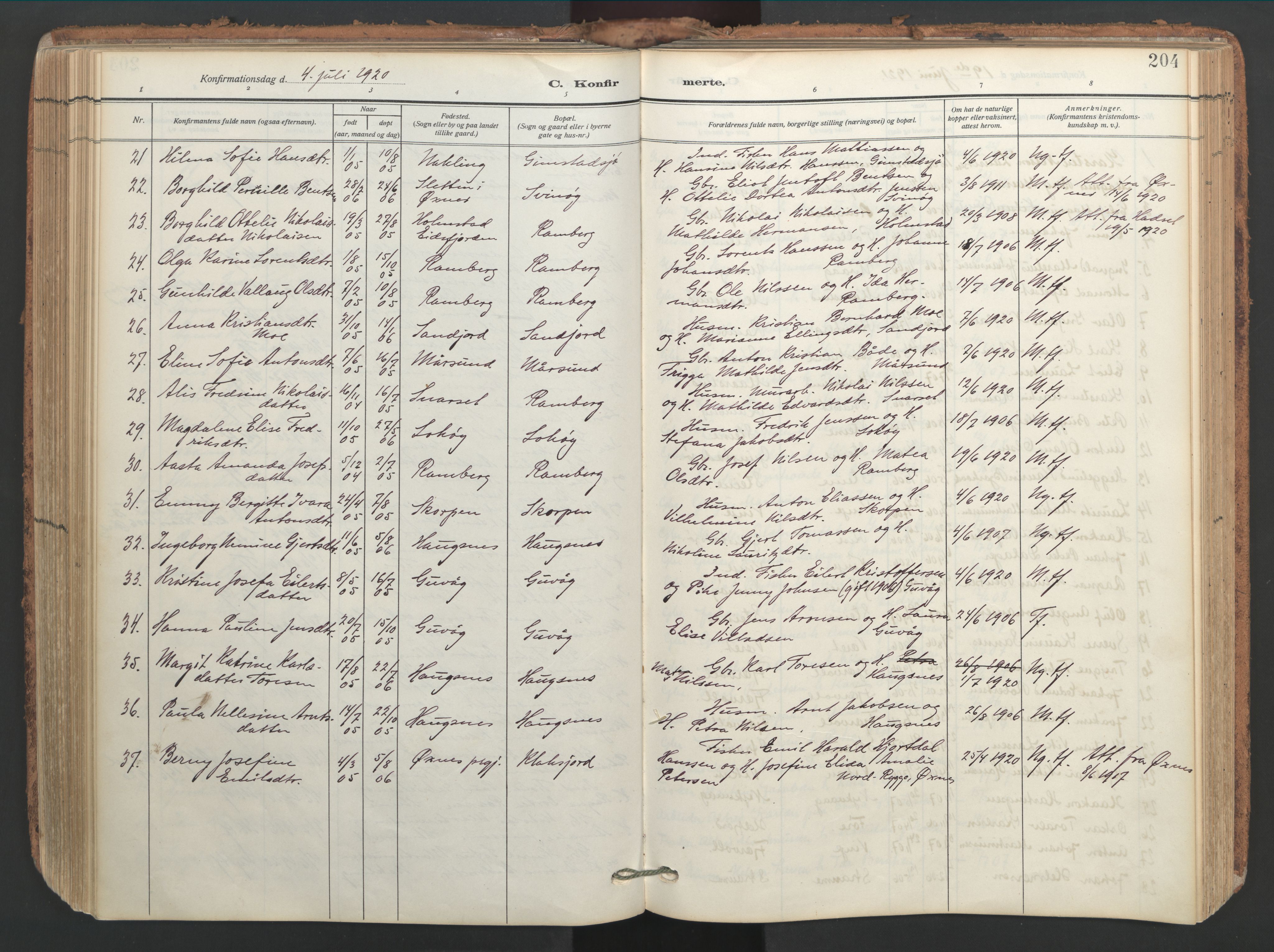 Ministerialprotokoller, klokkerbøker og fødselsregistre - Nordland, AV/SAT-A-1459/891/L1306: Parish register (official) no. 891A11, 1911-1927, p. 204