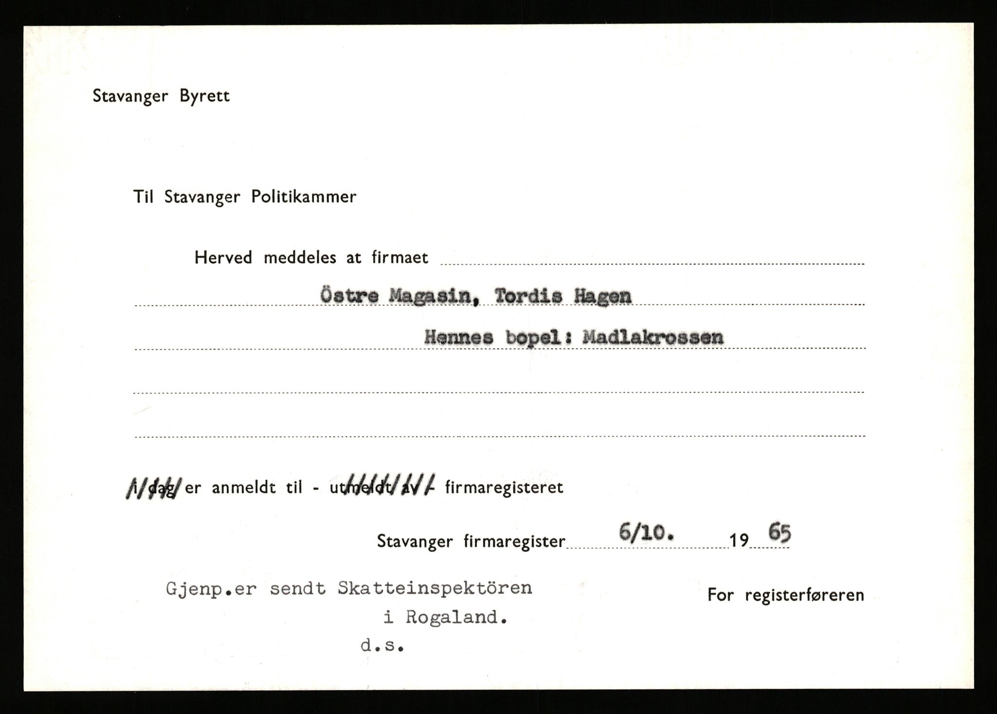 Stavanger byfogd, SAST/A-101408/002/J/Jd/Jde/L0004: Registreringsmeldinger og bilag. Enkeltmannsforetak, 1001-1350, 1891-1990, p. 505