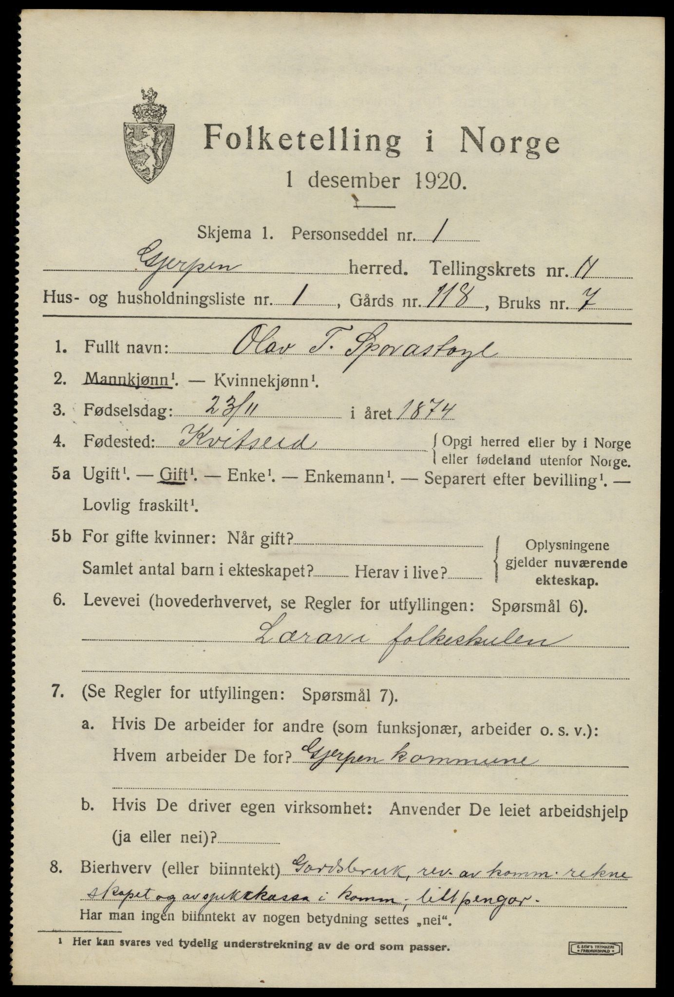 SAKO, 1920 census for Gjerpen, 1920, p. 12278