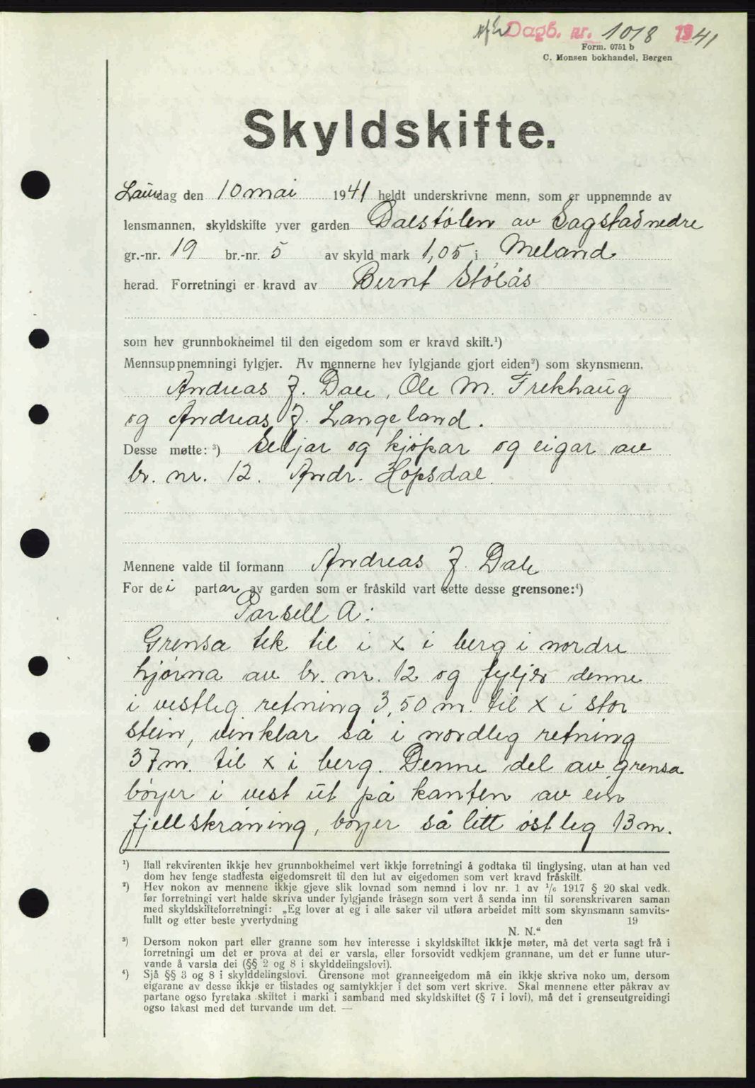 Nordhordland sorenskrivar, AV/SAB-A-2901/1/G/Gb/Gbf/L0013: Mortgage book no. A13, 1941-1941, Diary no: : 1018/1941