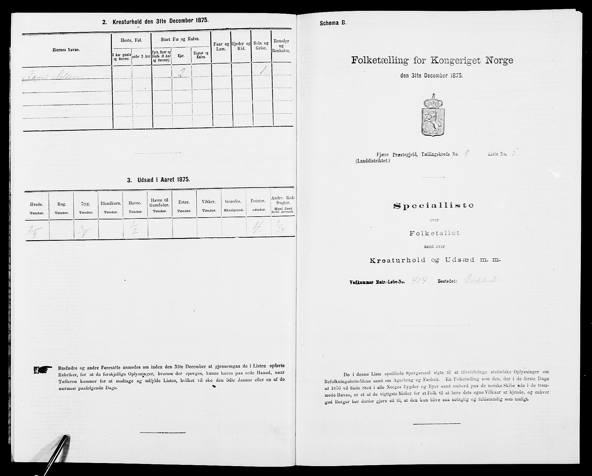 SAK, 1875 census for 0923L Fjære/Fjære, 1875, p. 1703