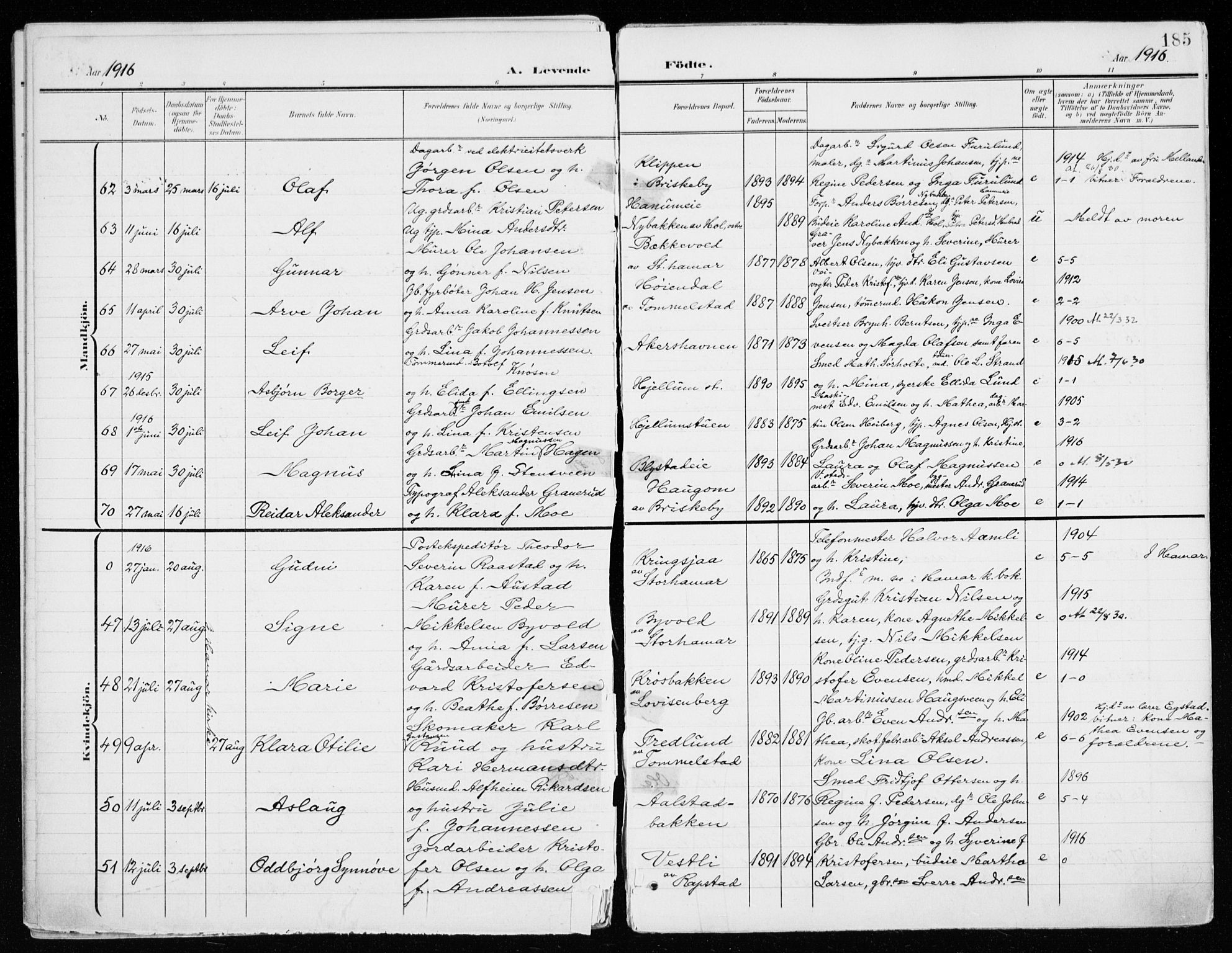 Vang prestekontor, Hedmark, AV/SAH-PREST-008/H/Ha/Haa/L0021: Parish register (official) no. 21, 1902-1917, p. 185