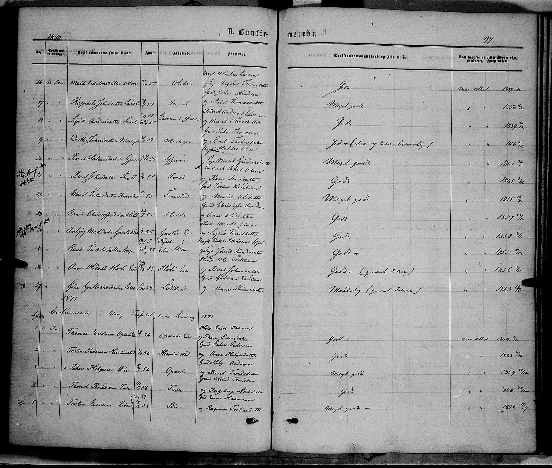 Vang prestekontor, Valdres, SAH/PREST-140/H/Ha/L0007: Parish register (official) no. 7, 1865-1881, p. 97