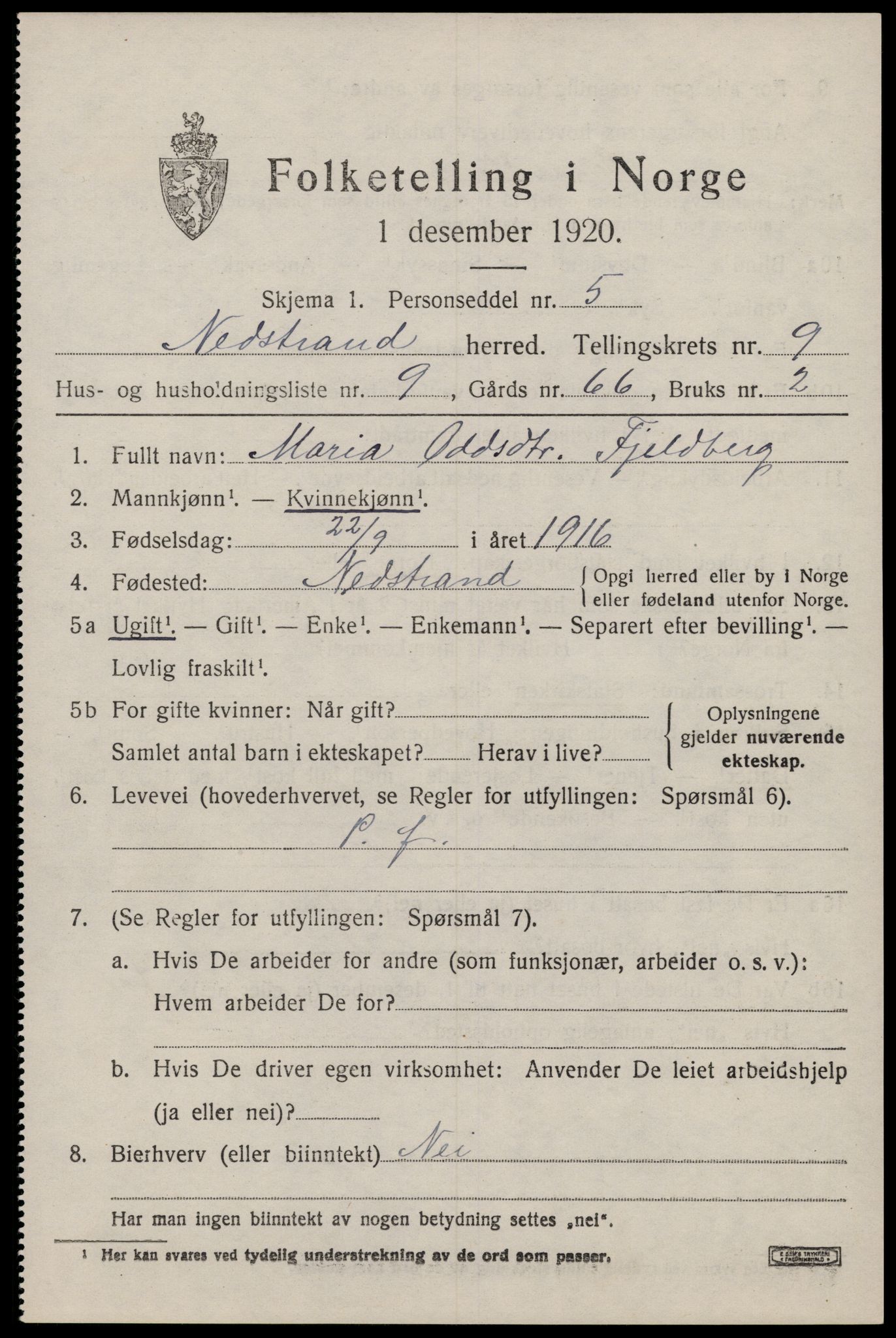 SAST, 1920 census for Nedstrand, 1920, p. 3337