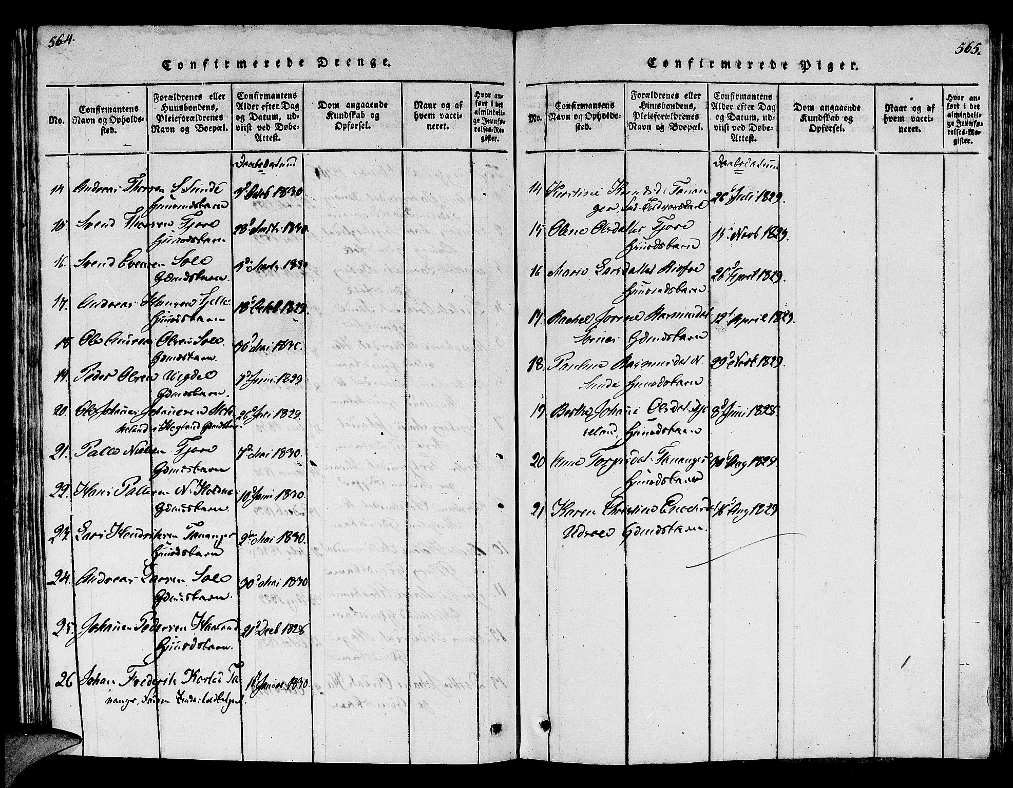 Håland sokneprestkontor, SAST/A-101802/001/30BB/L0001: Parish register (copy) no. B 1, 1815-1845, p. 564-565