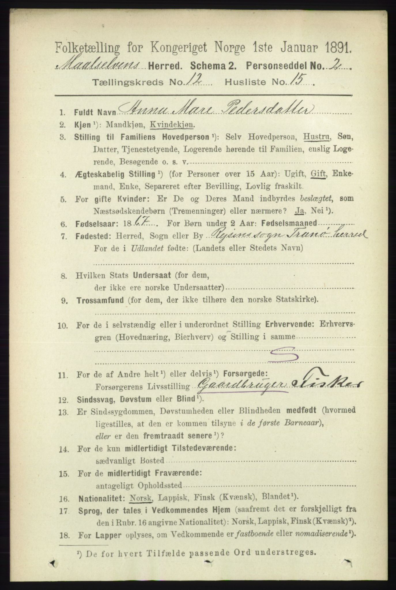 RA, 1891 census for 1924 Målselv, 1891, p. 3889