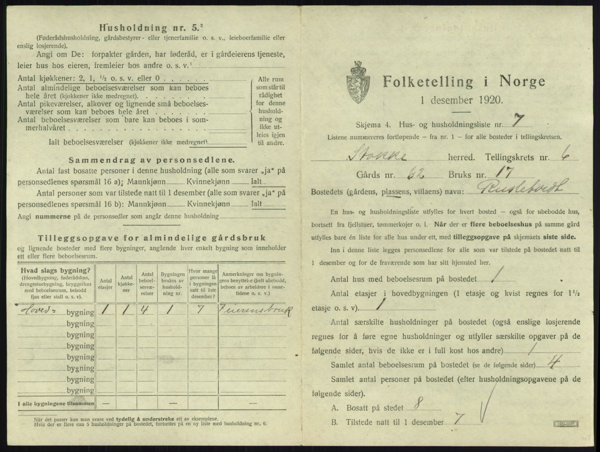 SAKO, 1920 census for Stokke, 1920, p. 1112