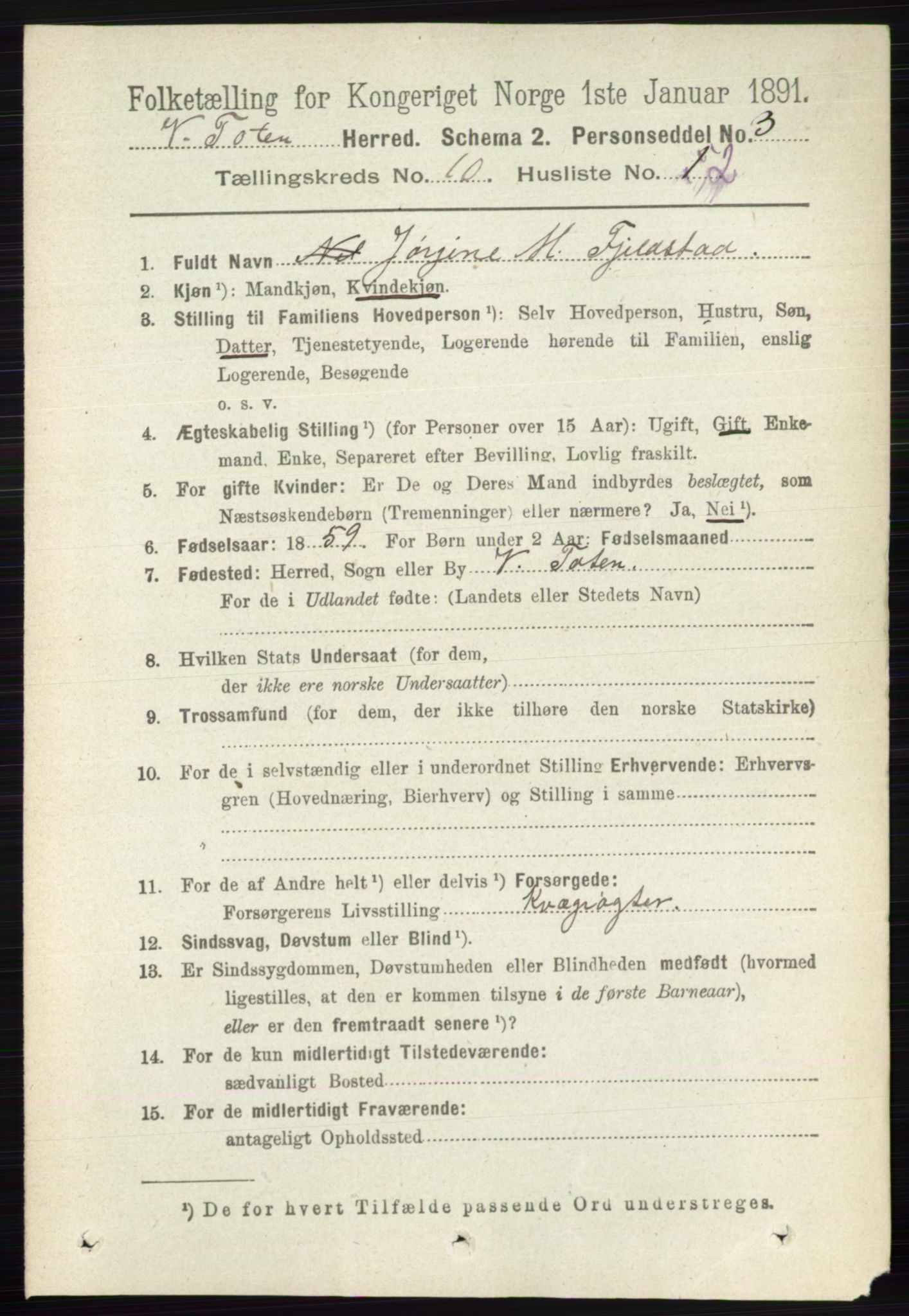 RA, 1891 census for 0529 Vestre Toten, 1891, p. 6190