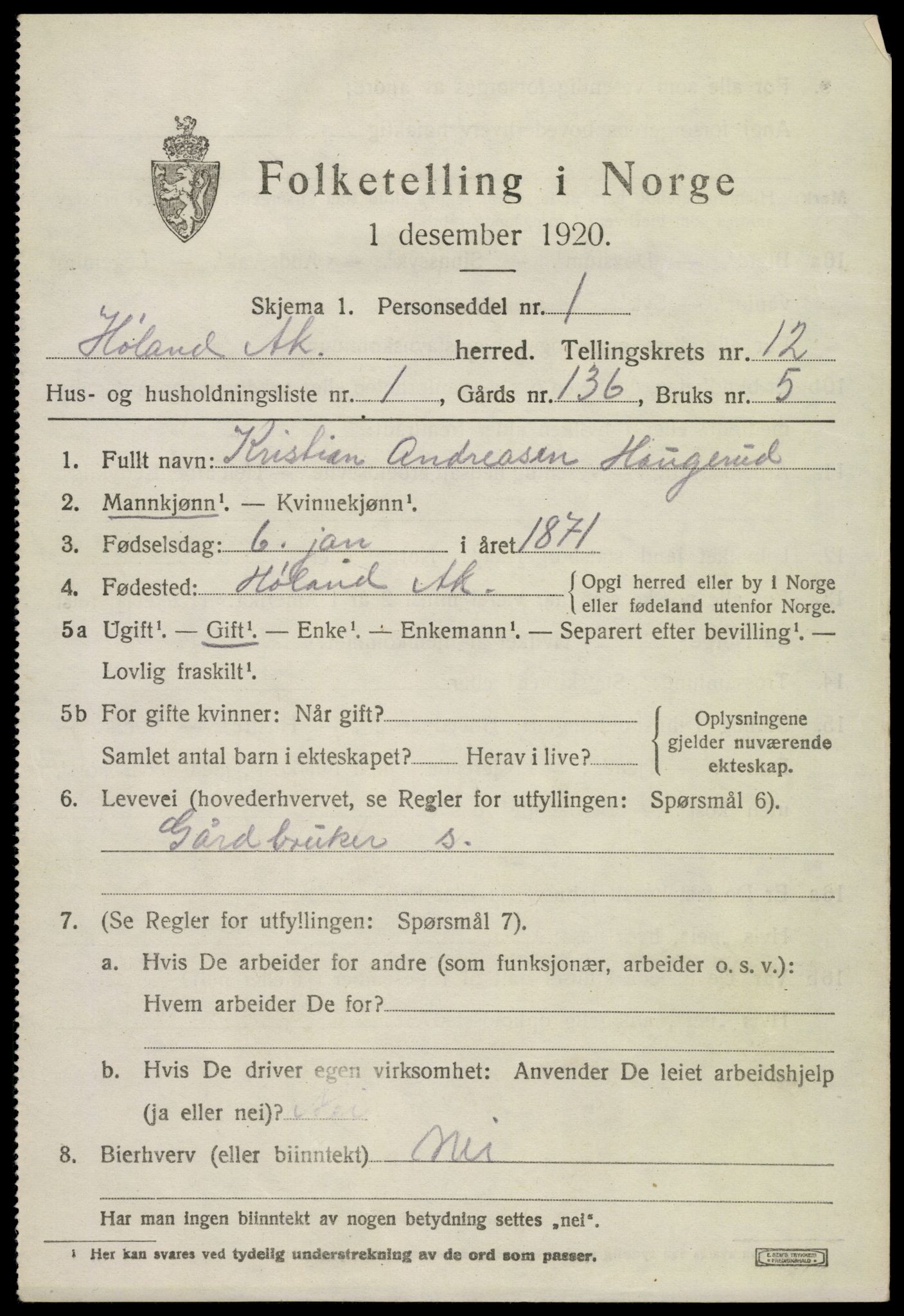 SAO, 1920 census for Høland, 1920, p. 11665