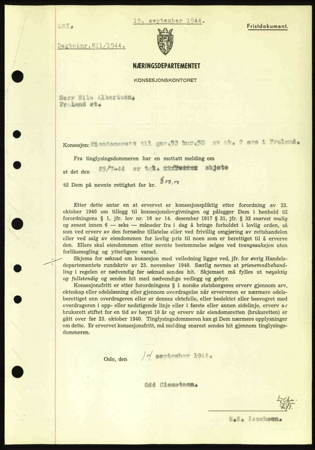 Nedenes sorenskriveri, SAK/1221-0006/G/Gb/Gba/L0052: Mortgage book no. A6a, 1944-1945, Diary no: : 811/1944