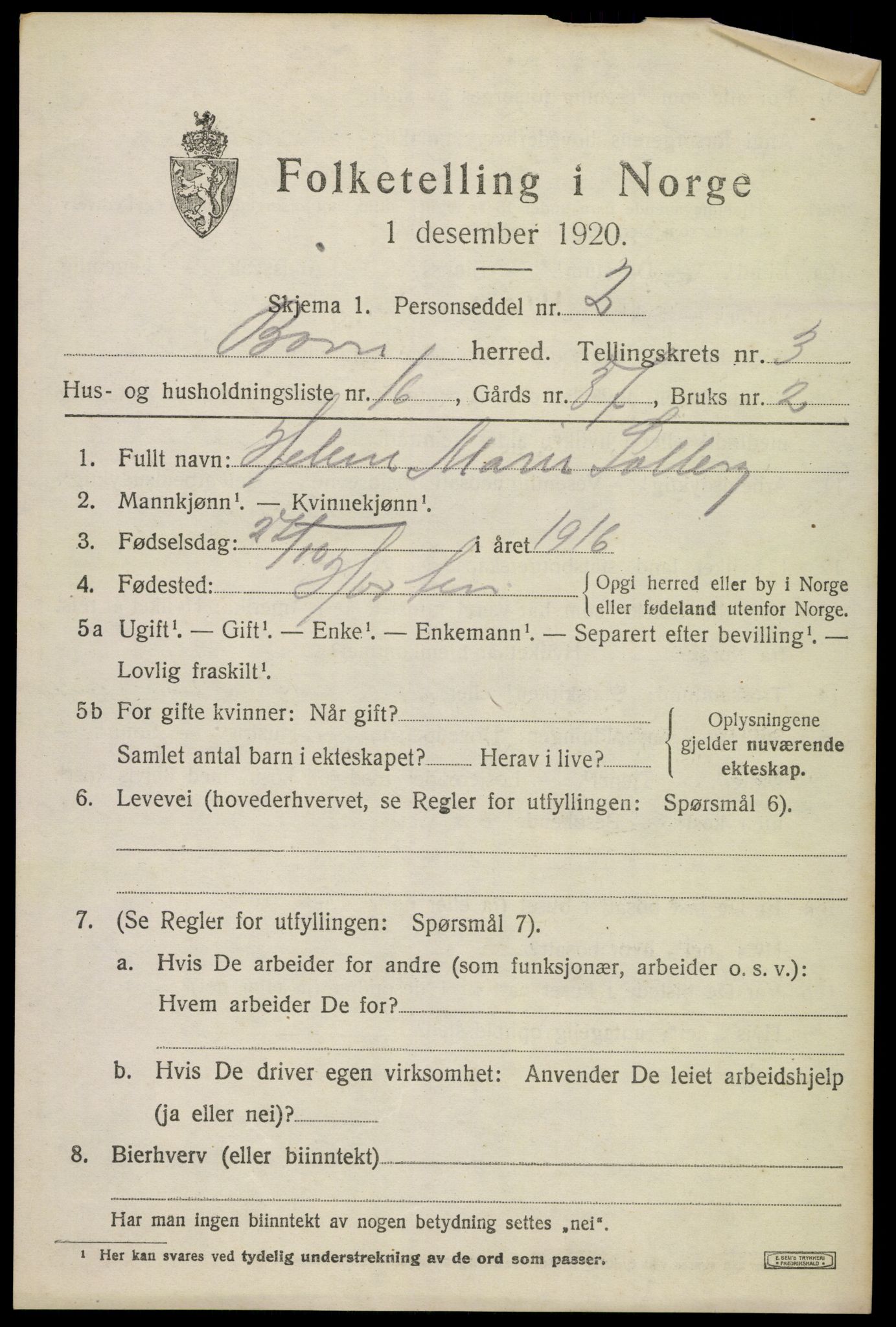 SAKO, 1920 census for Borre, 1920, p. 6208