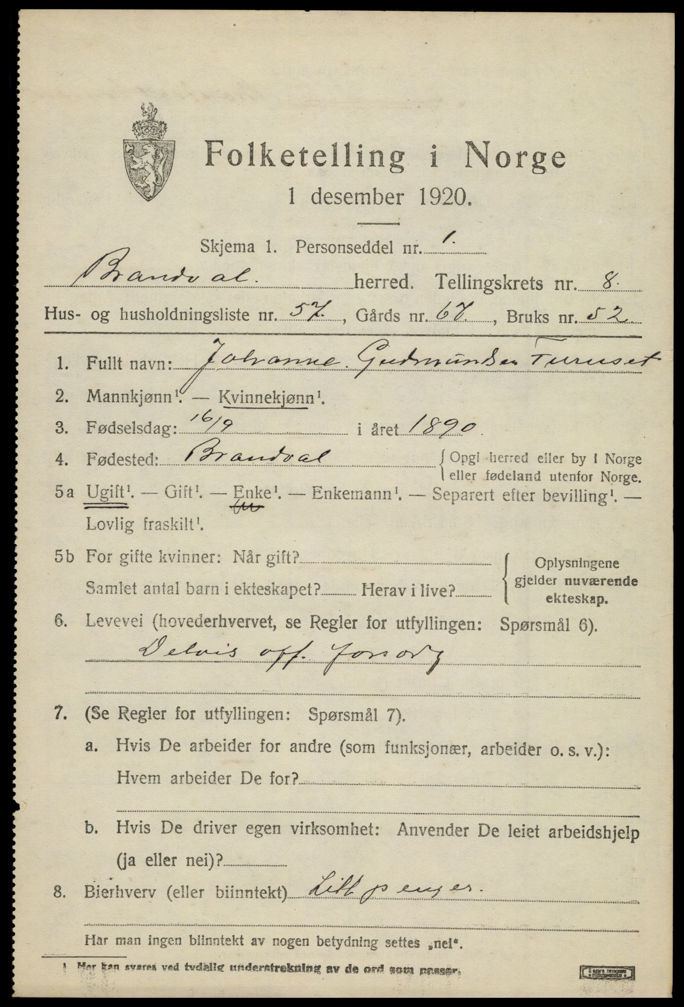 SAH, 1920 census for Brandval, 1920, p. 7288