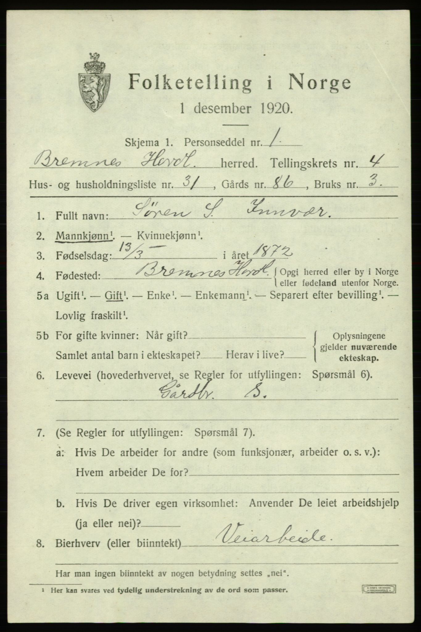 SAB, 1920 census for Bremnes, 1920, p. 2194