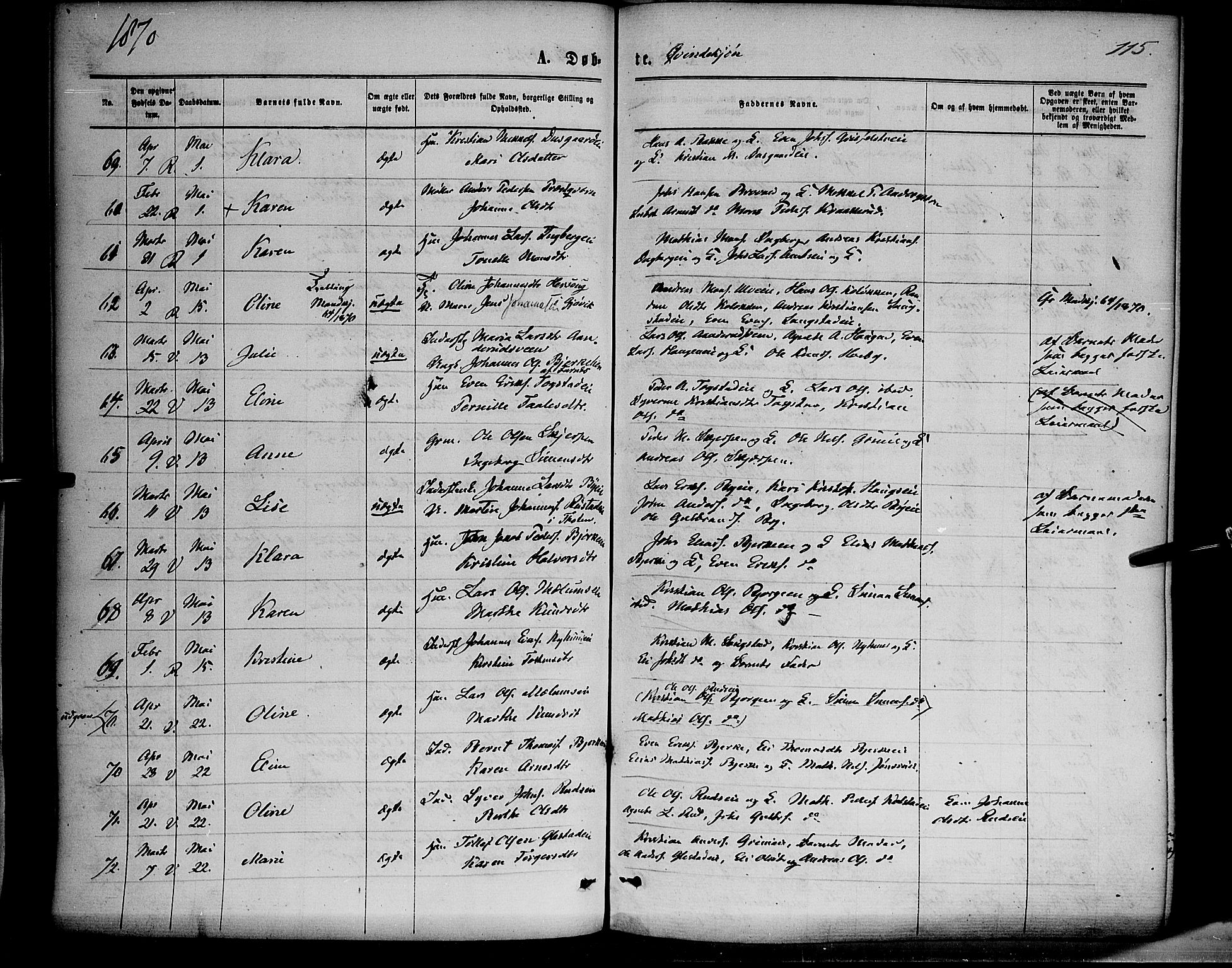 Ringsaker prestekontor, AV/SAH-PREST-014/K/Ka/L0011: Parish register (official) no. 11, 1870-1878, p. 115