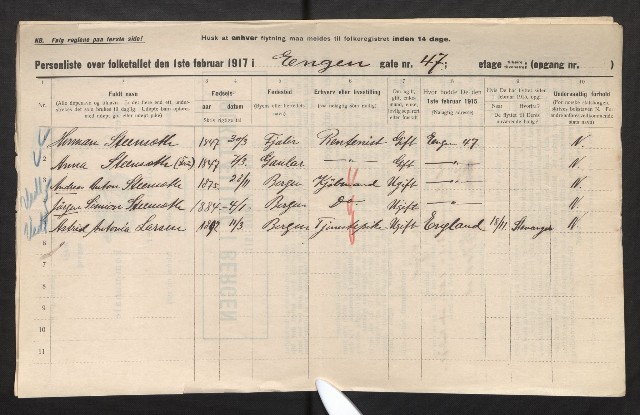 SAB, Municipal Census 1917 for Bergen, 1917, p. 6903