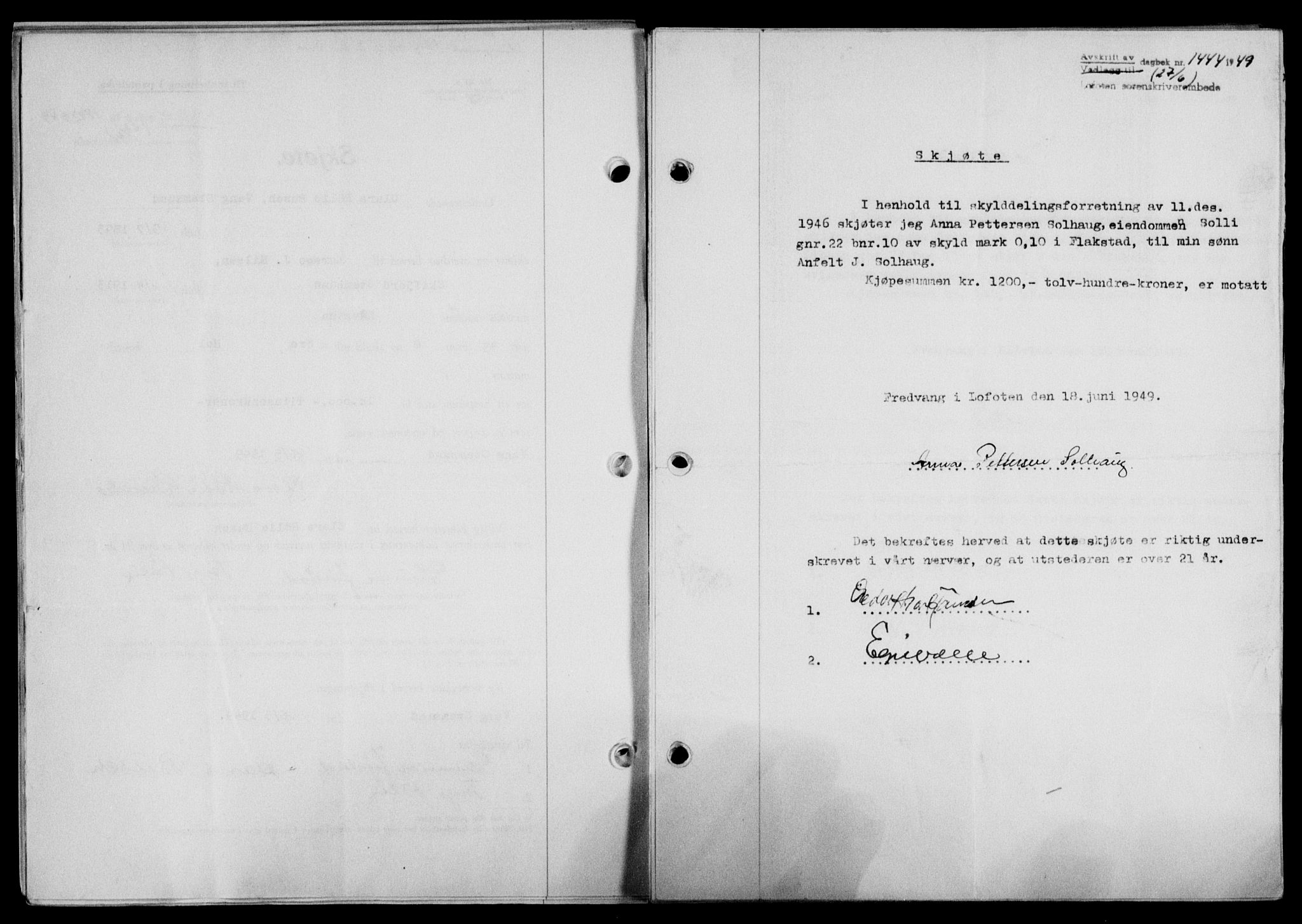 Lofoten sorenskriveri, SAT/A-0017/1/2/2C/L0021a: Mortgage book no. 21a, 1949-1949, Diary no: : 1444/1949