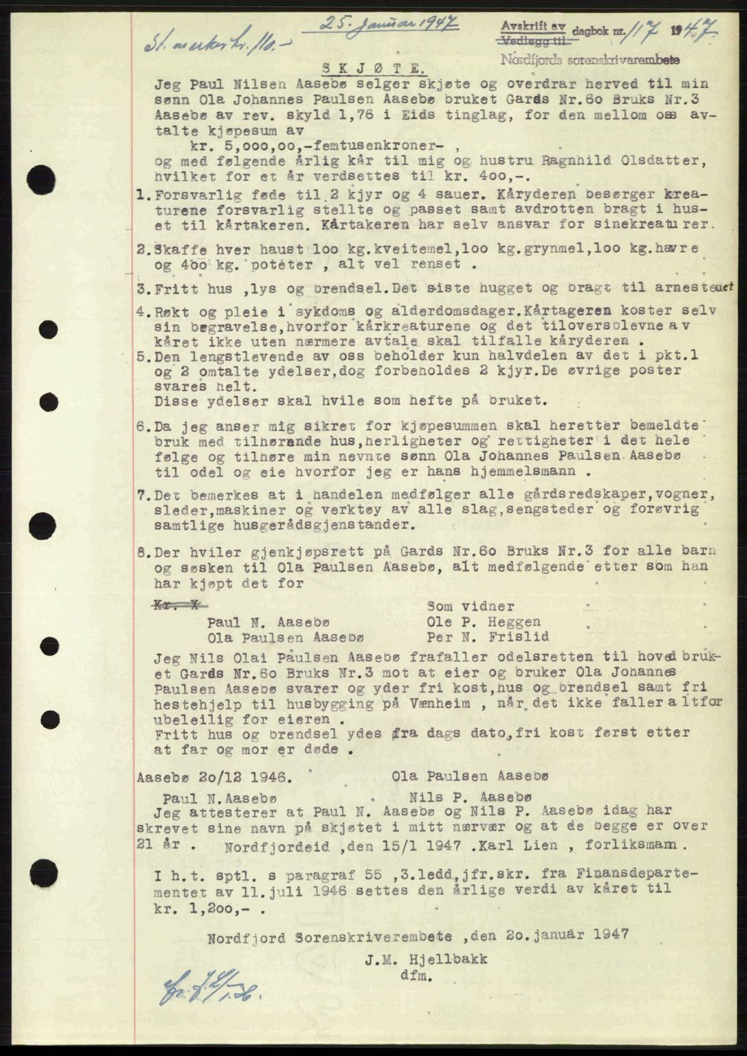 Nordfjord sorenskriveri, AV/SAB-A-2801/02/02b/02bj/L0011: Mortgage book no. A11, 1946-1947, Diary no: : 117/1947
