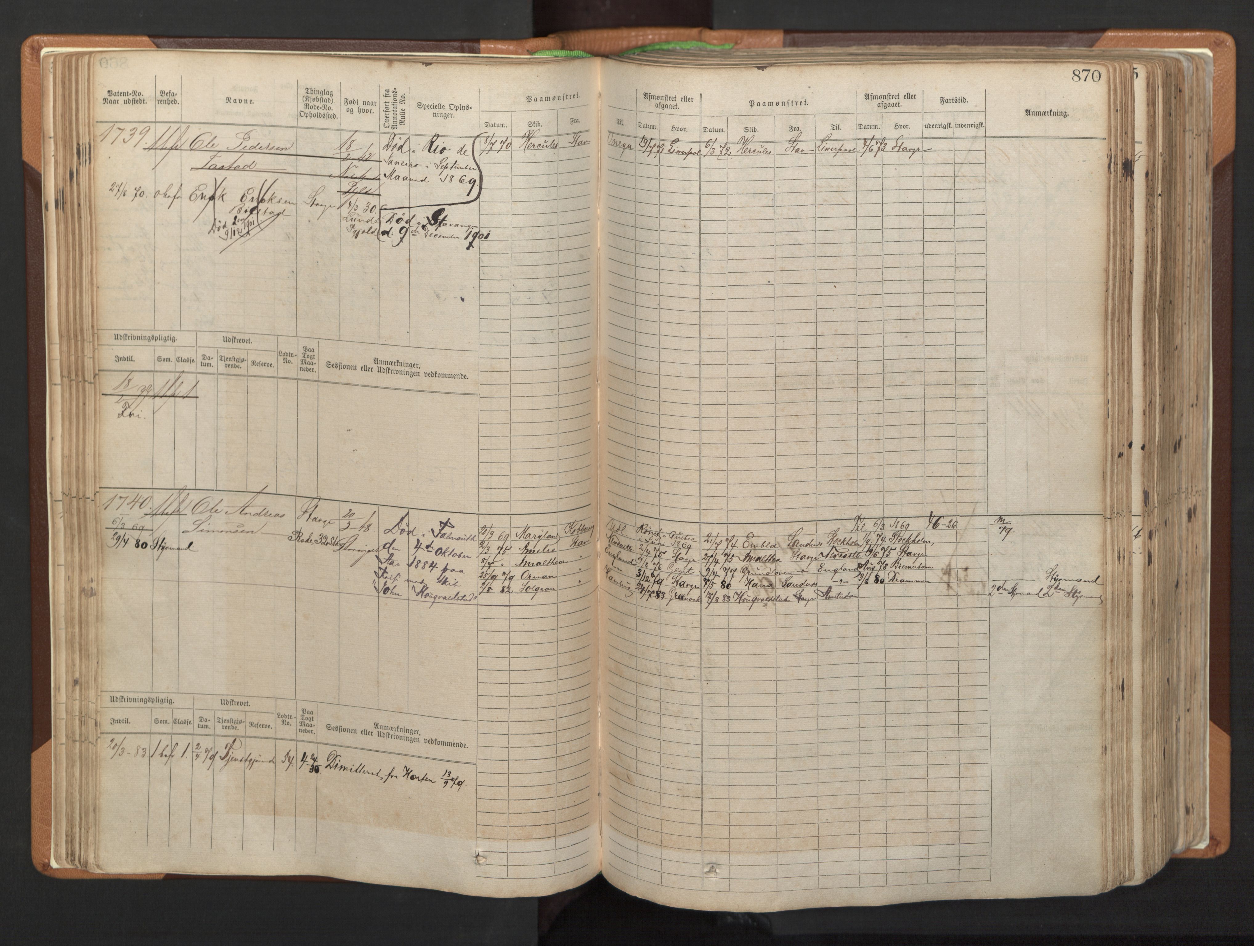 Stavanger sjømannskontor, AV/SAST-A-102006/F/Fb/Fbb/L0006: Sjøfartshovedrulle, patentnr. 1607-2402 (del 3), 1869-1880, p. 69