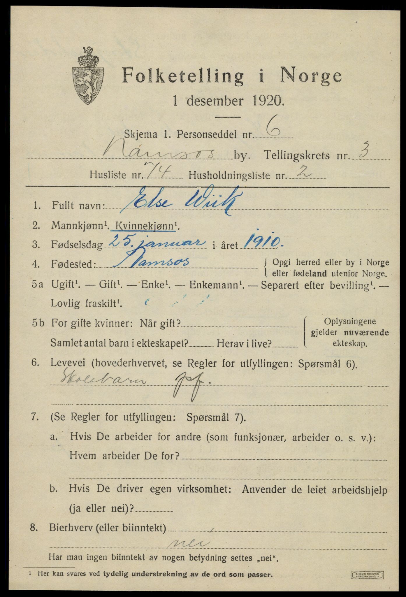 SAT, 1920 census for Namsos, 1920, p. 4807