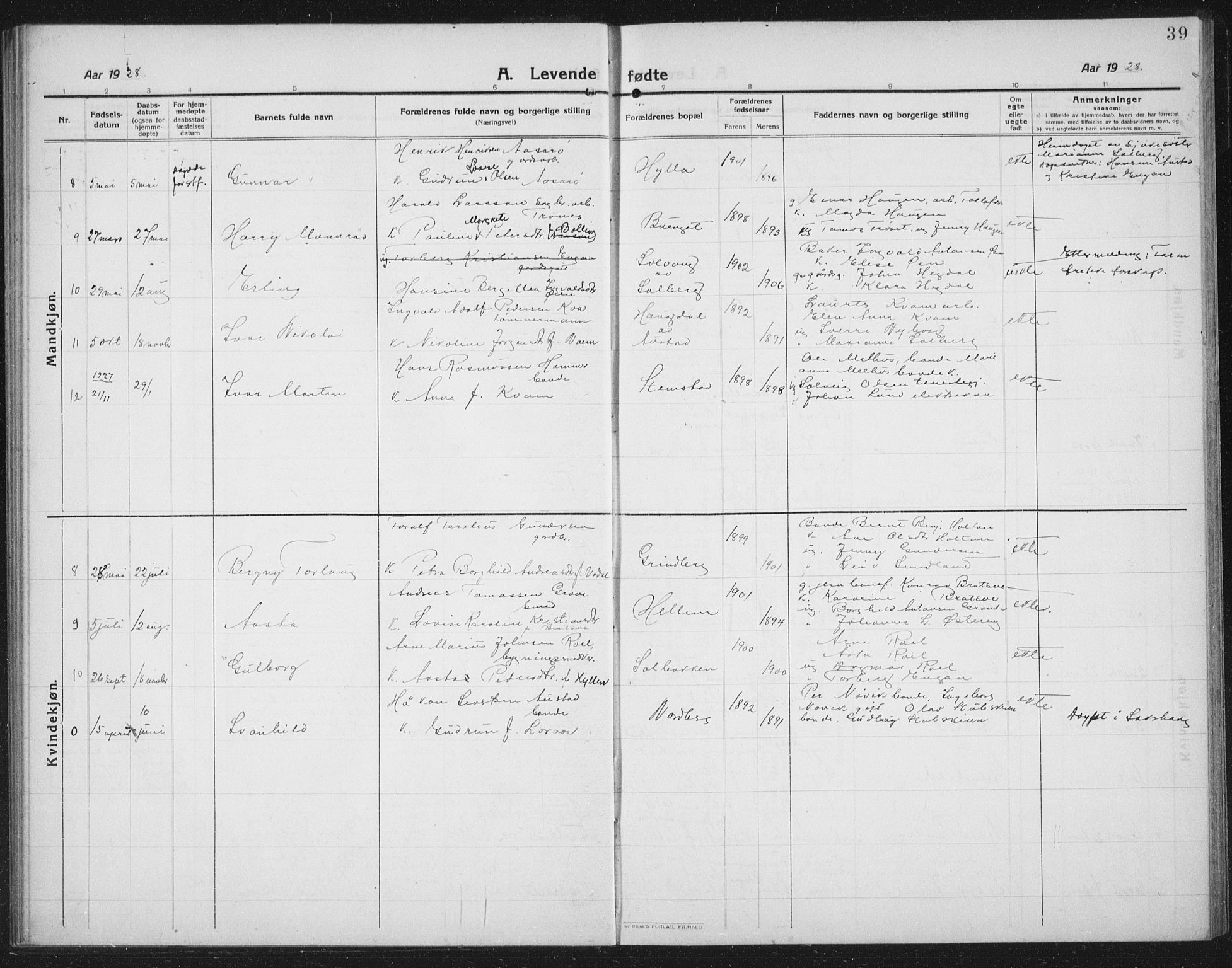 Ministerialprotokoller, klokkerbøker og fødselsregistre - Nord-Trøndelag, AV/SAT-A-1458/731/L0312: Parish register (copy) no. 731C03, 1911-1935, p. 39