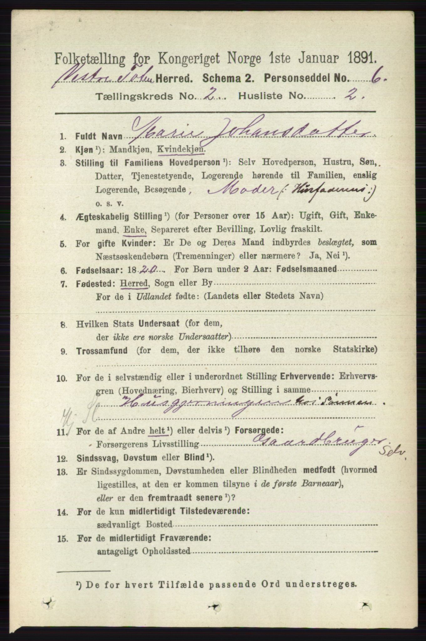 RA, 1891 census for 0529 Vestre Toten, 1891, p. 1380