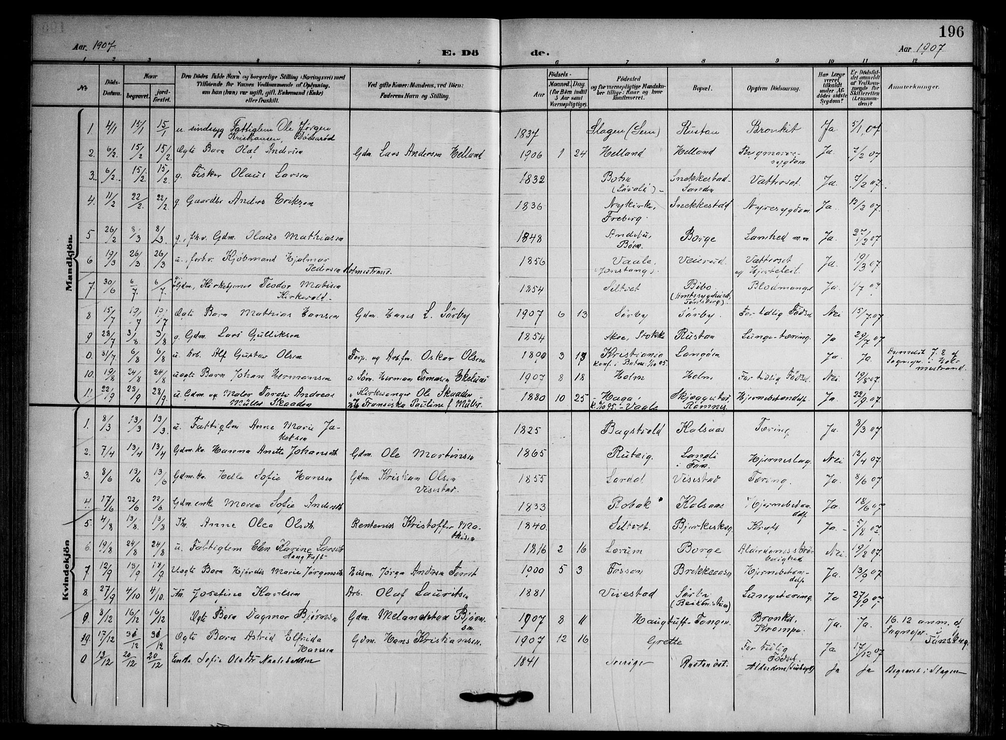 Våle kirkebøker, AV/SAKO-A-334/F/Fa/L0012: Parish register (official) no. I 12, 1907-1934, p. 196
