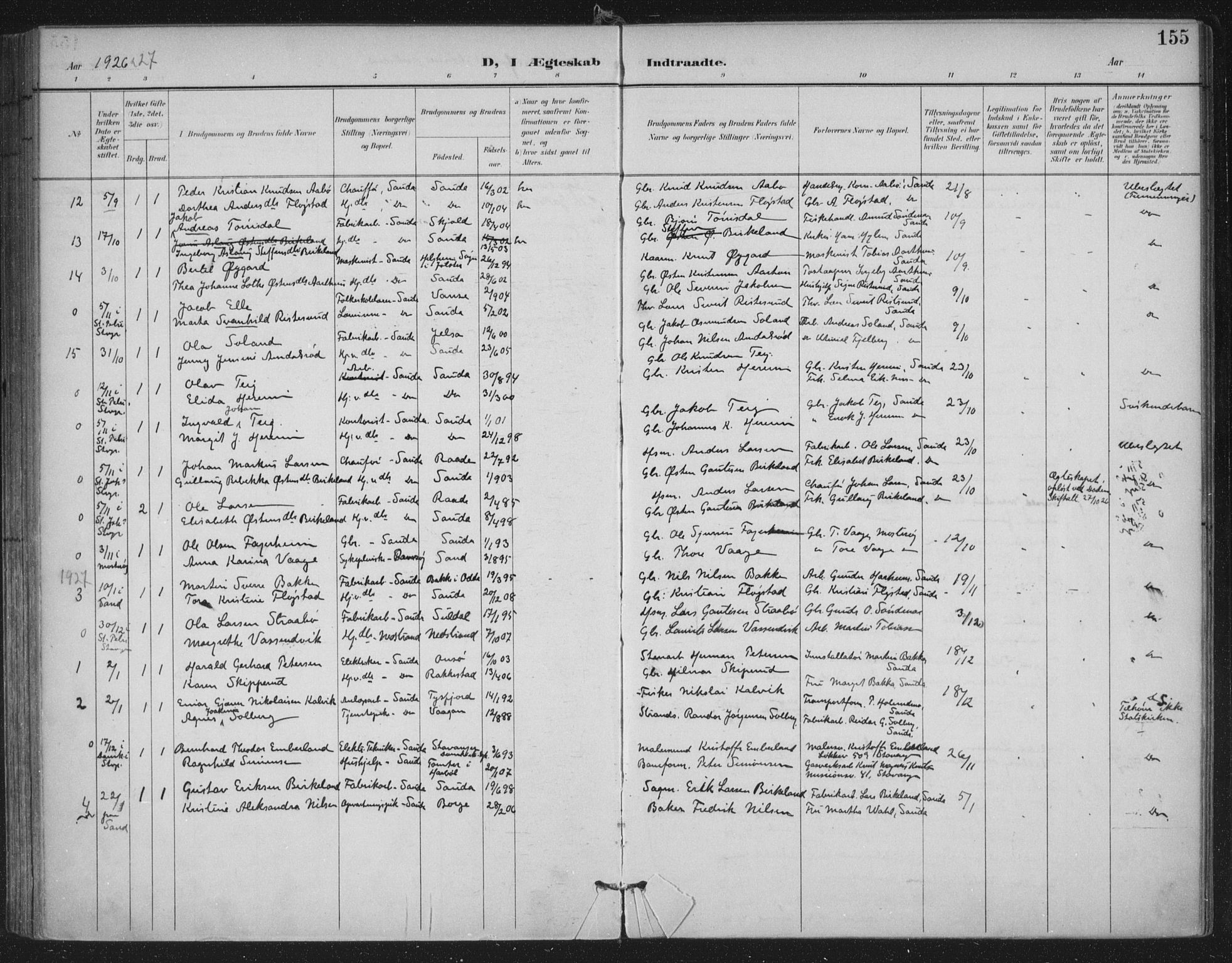 Sand sokneprestkontor, AV/SAST-A-101848/03/C/L0001: Parish register (official) no. A 7, 1899-1928, p. 155