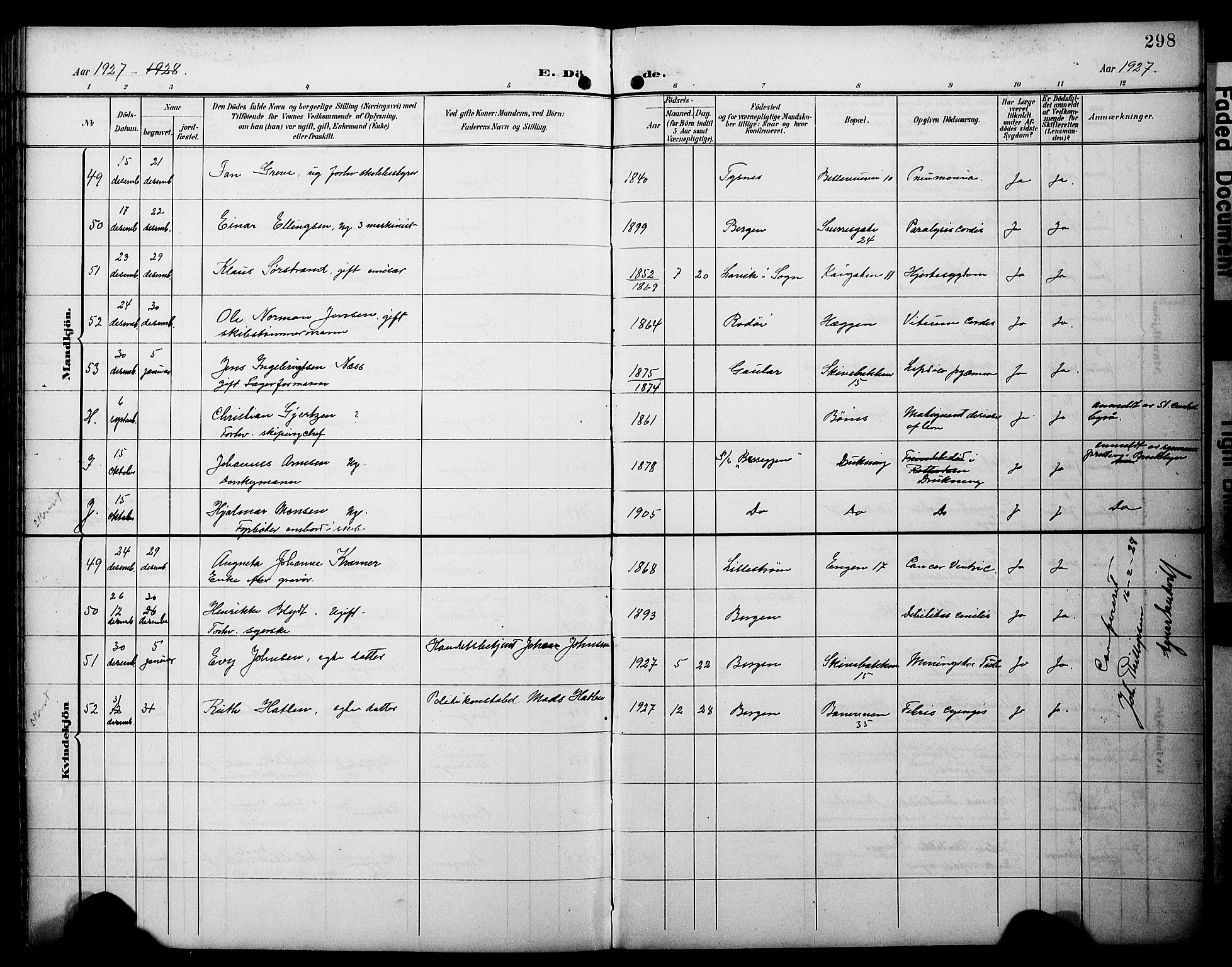 Domkirken sokneprestembete, AV/SAB-A-74801/H/Hab/L0042: Parish register (copy) no. E 6, 1900-1929, p. 298