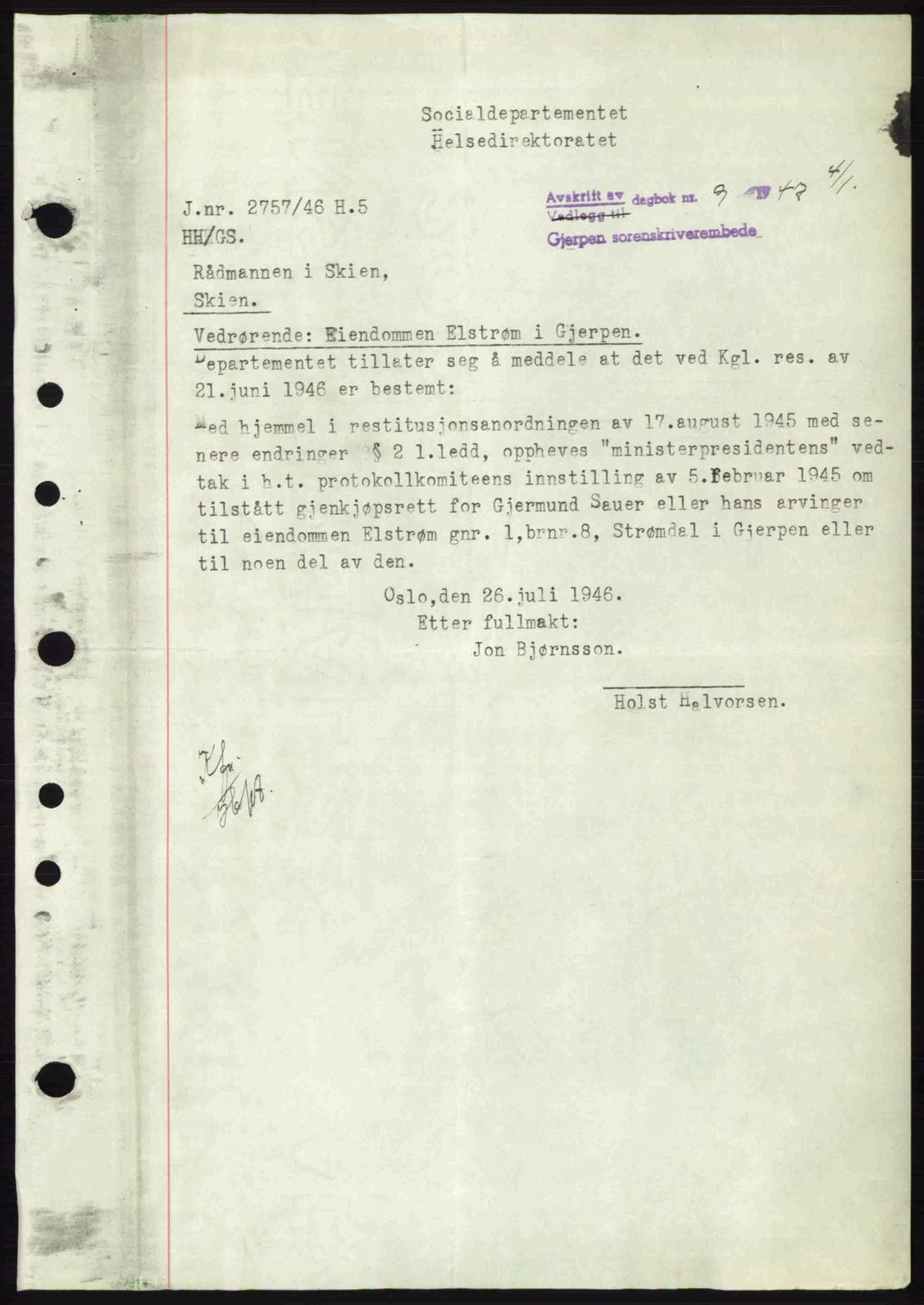 Gjerpen sorenskriveri, AV/SAKO-A-216/G/Ga/Gae/L0081: Mortgage book no. A-81, 1947-1947, Diary no: : 9/1947