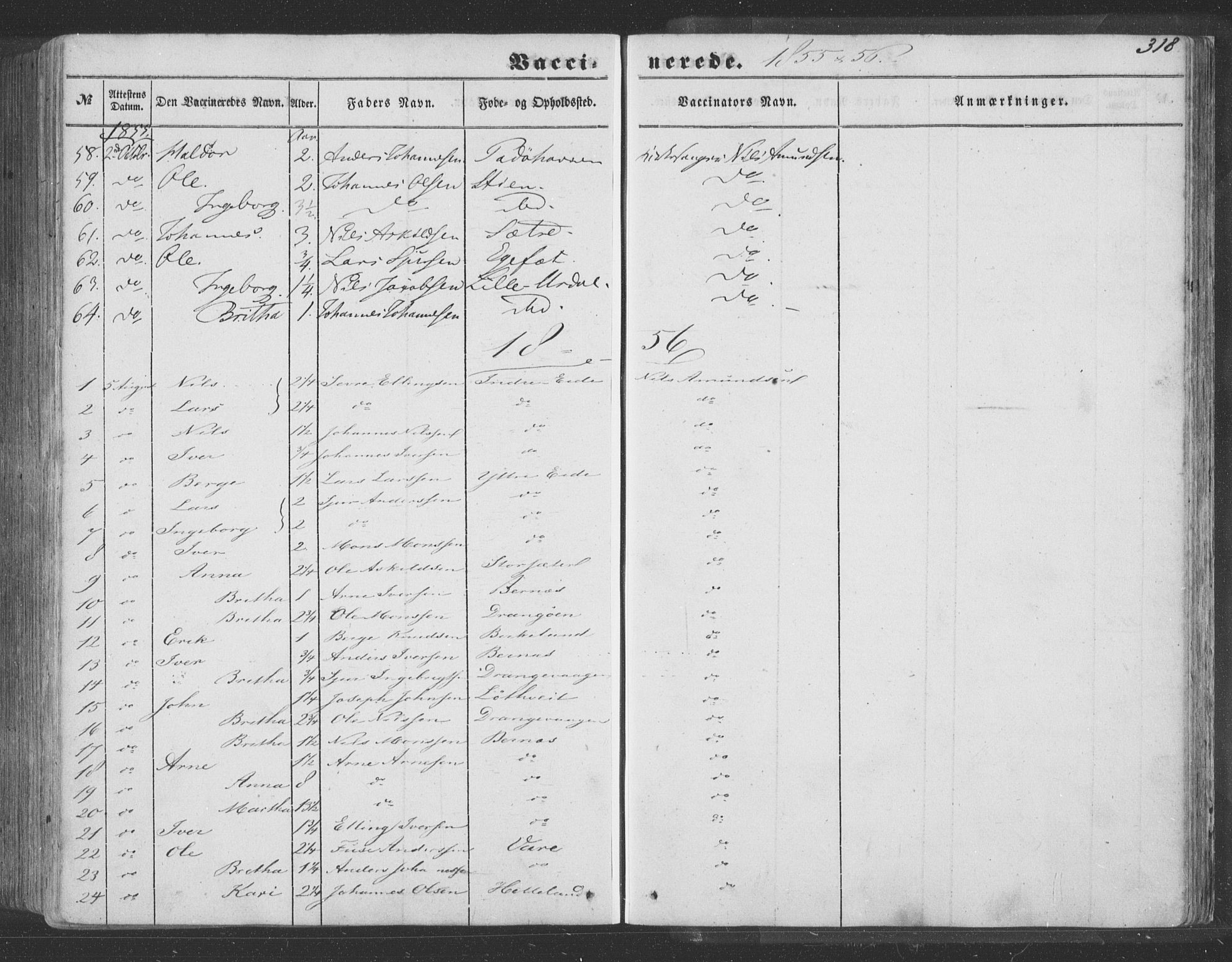 Hosanger sokneprestembete, AV/SAB-A-75801/H/Haa: Parish register (official) no. A 8, 1849-1863, p. 318