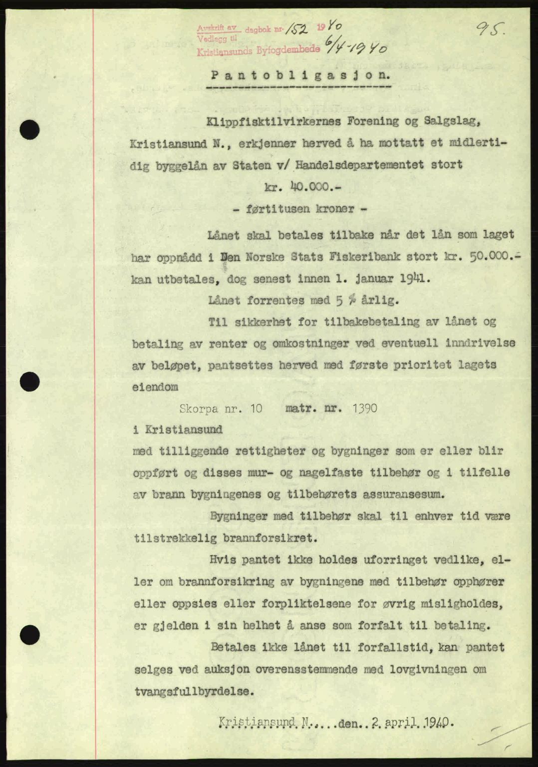 Kristiansund byfogd, AV/SAT-A-4587/A/27: Mortgage book no. 33, 1939-1941, Diary no: : 152/1940