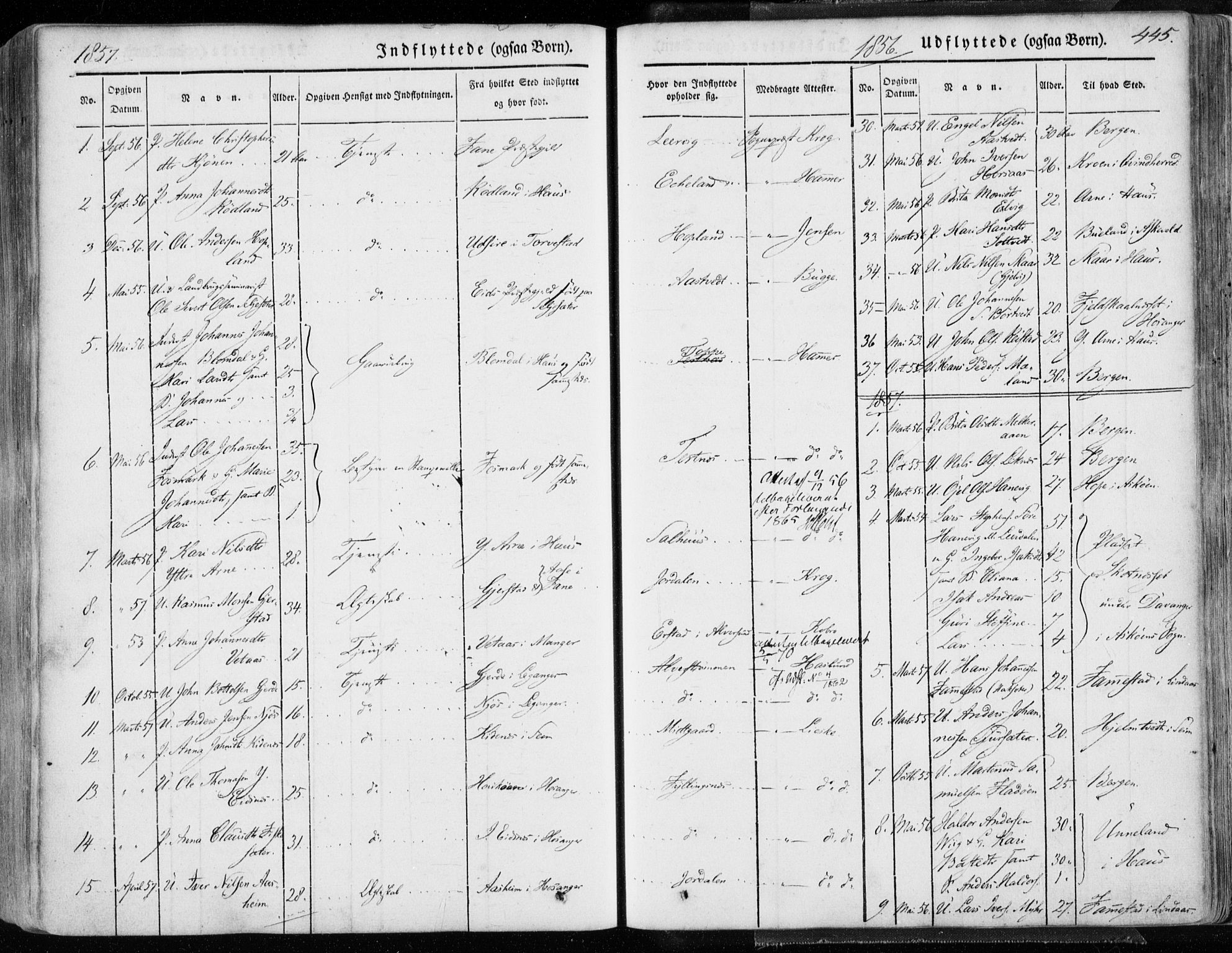 Hamre sokneprestembete, AV/SAB-A-75501/H/Ha/Haa/Haaa/L0013: Parish register (official) no. A 13, 1846-1857, p. 445