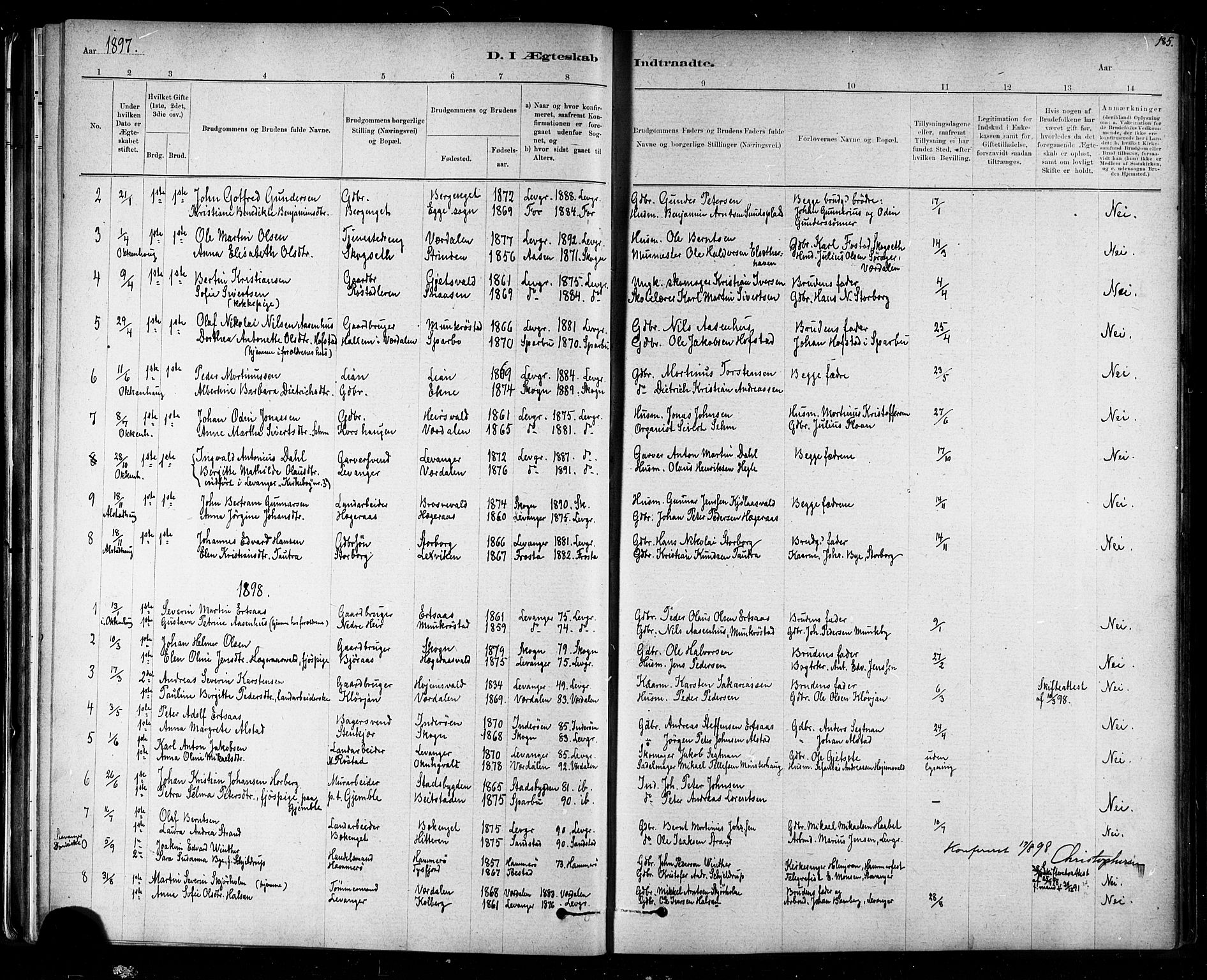 Ministerialprotokoller, klokkerbøker og fødselsregistre - Nord-Trøndelag, SAT/A-1458/721/L0208: Parish register (copy) no. 721C01, 1880-1917, p. 185