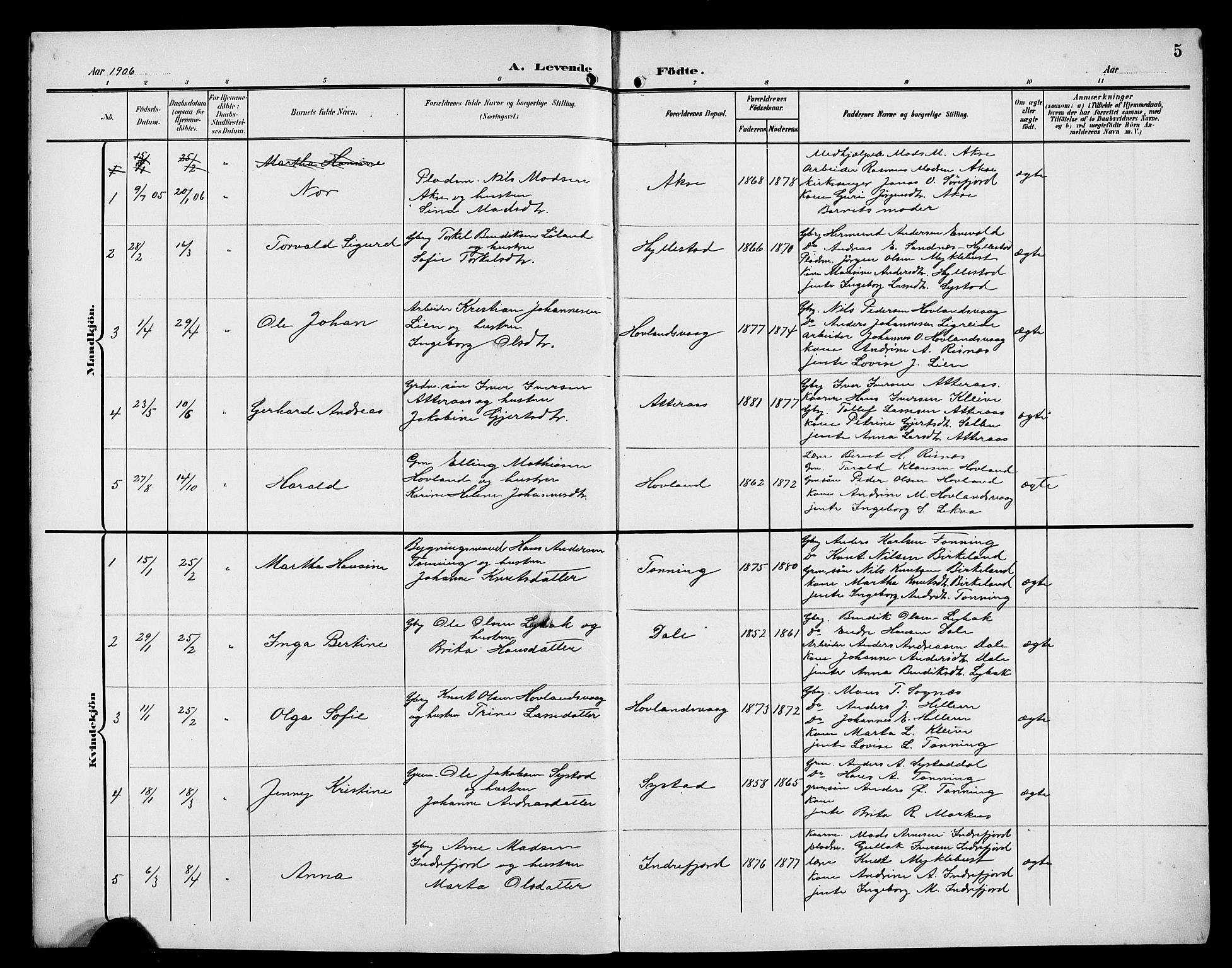 Hyllestad sokneprestembete, SAB/A-80401: Parish register (copy) no. A 3, 1906-1925, p. 5