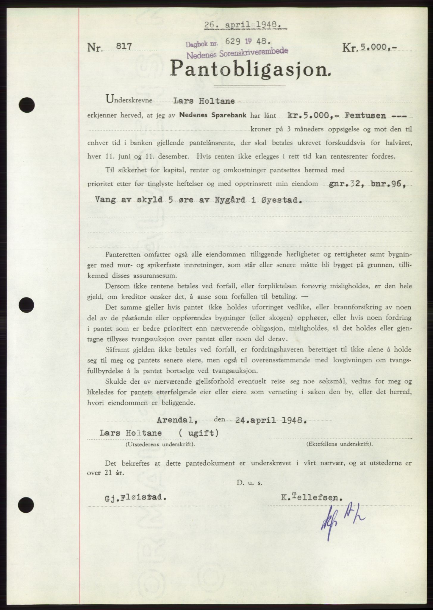 Nedenes sorenskriveri, AV/SAK-1221-0006/G/Gb/Gbb/L0005: Mortgage book no. B5, 1948-1948, Diary no: : 629/1948