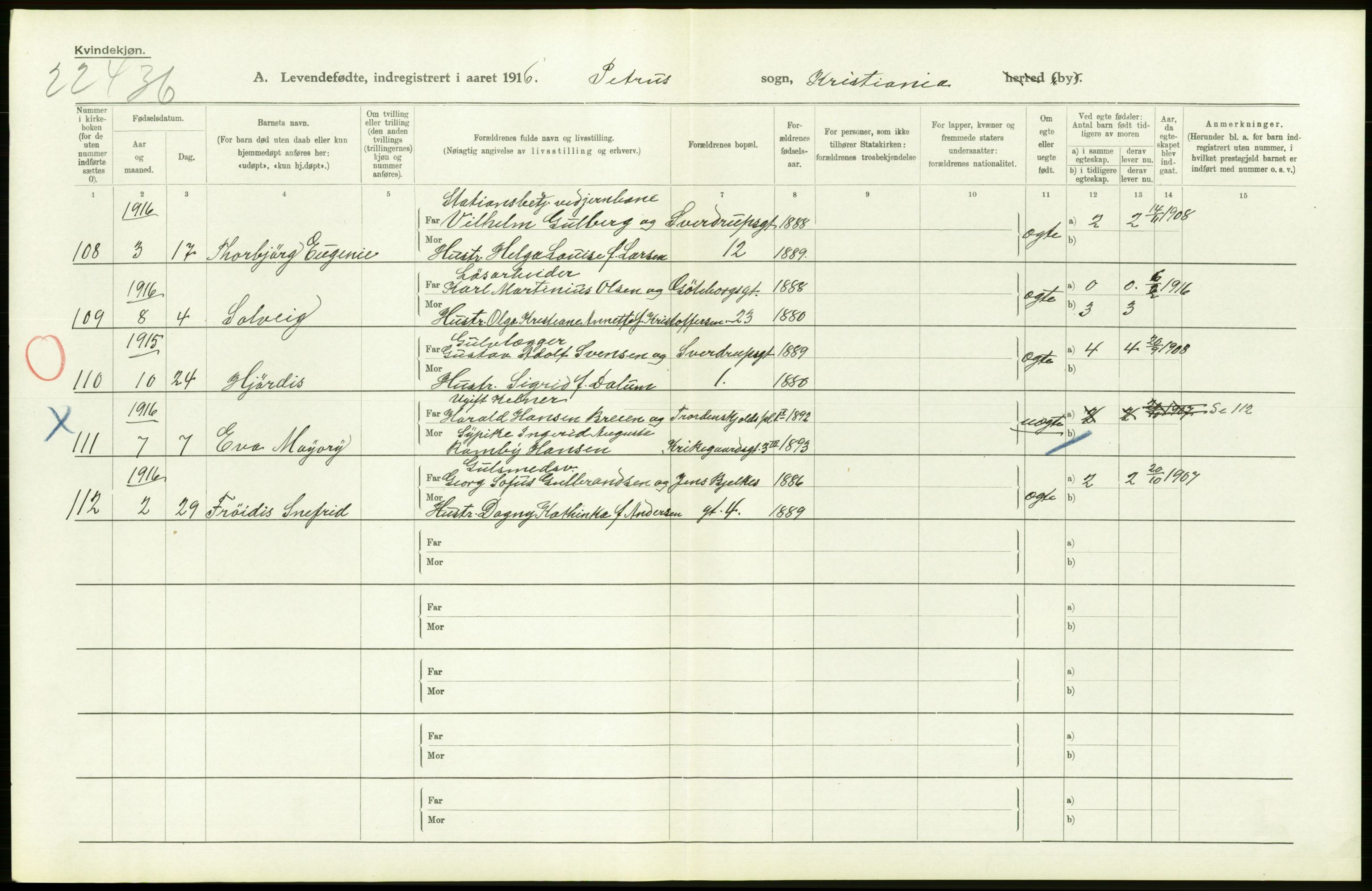 Statistisk sentralbyrå, Sosiodemografiske emner, Befolkning, AV/RA-S-2228/D/Df/Dfb/Dfbf/L0006: Kristiania: Levendefødte menn og kvinner., 1916, p. 620