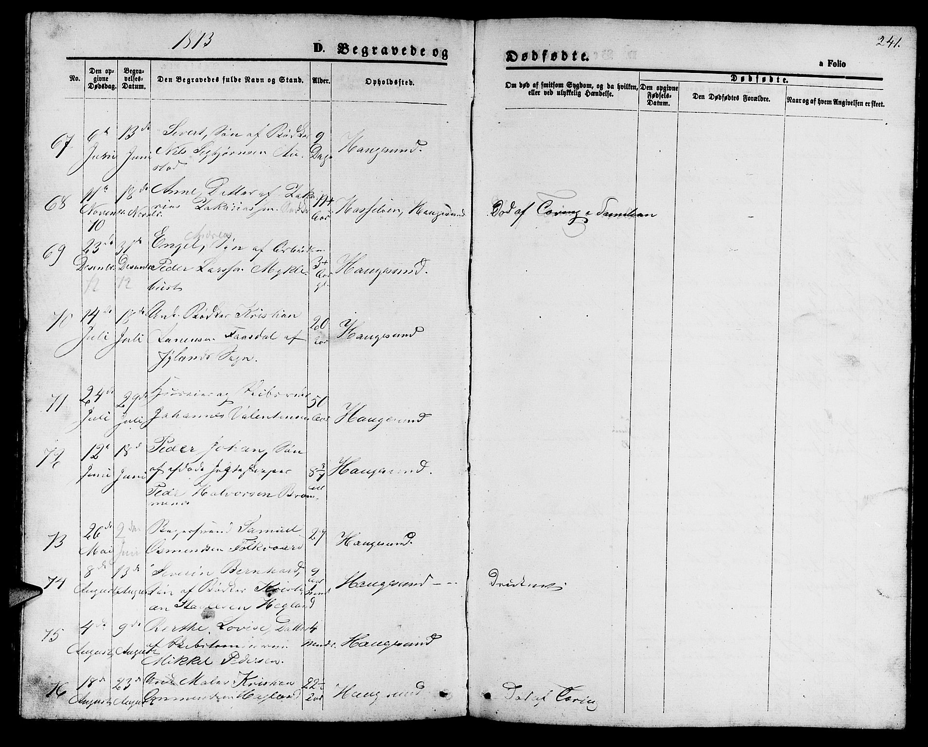 Haugesund sokneprestkontor, AV/SAST-A -101863/H/Ha/Hab/L0001: Parish register (copy) no. B 1, 1873-1881, p. 241