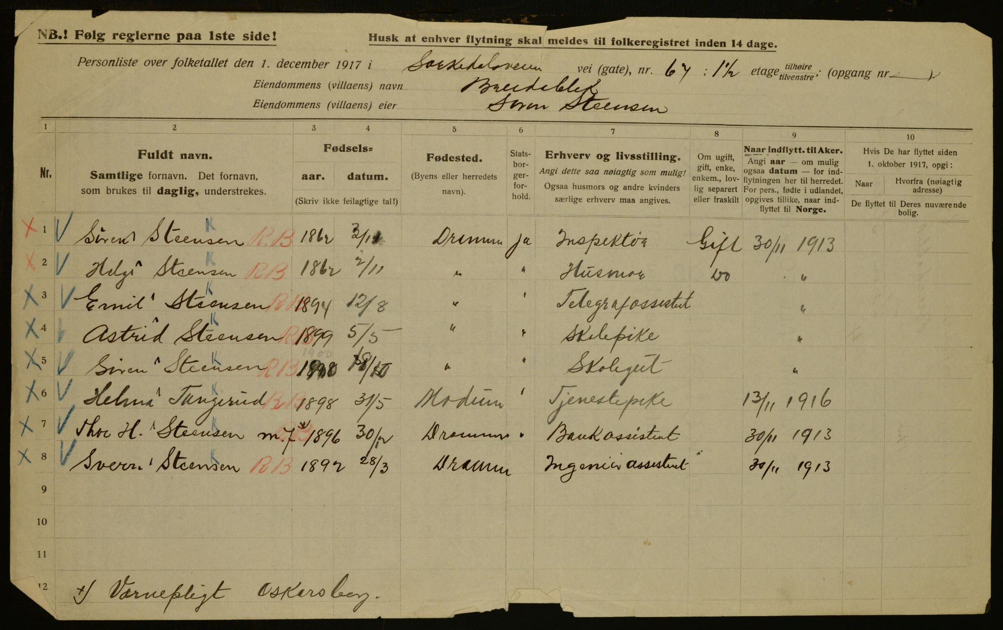 OBA, Municipal Census 1917 for Aker, 1917, p. 6