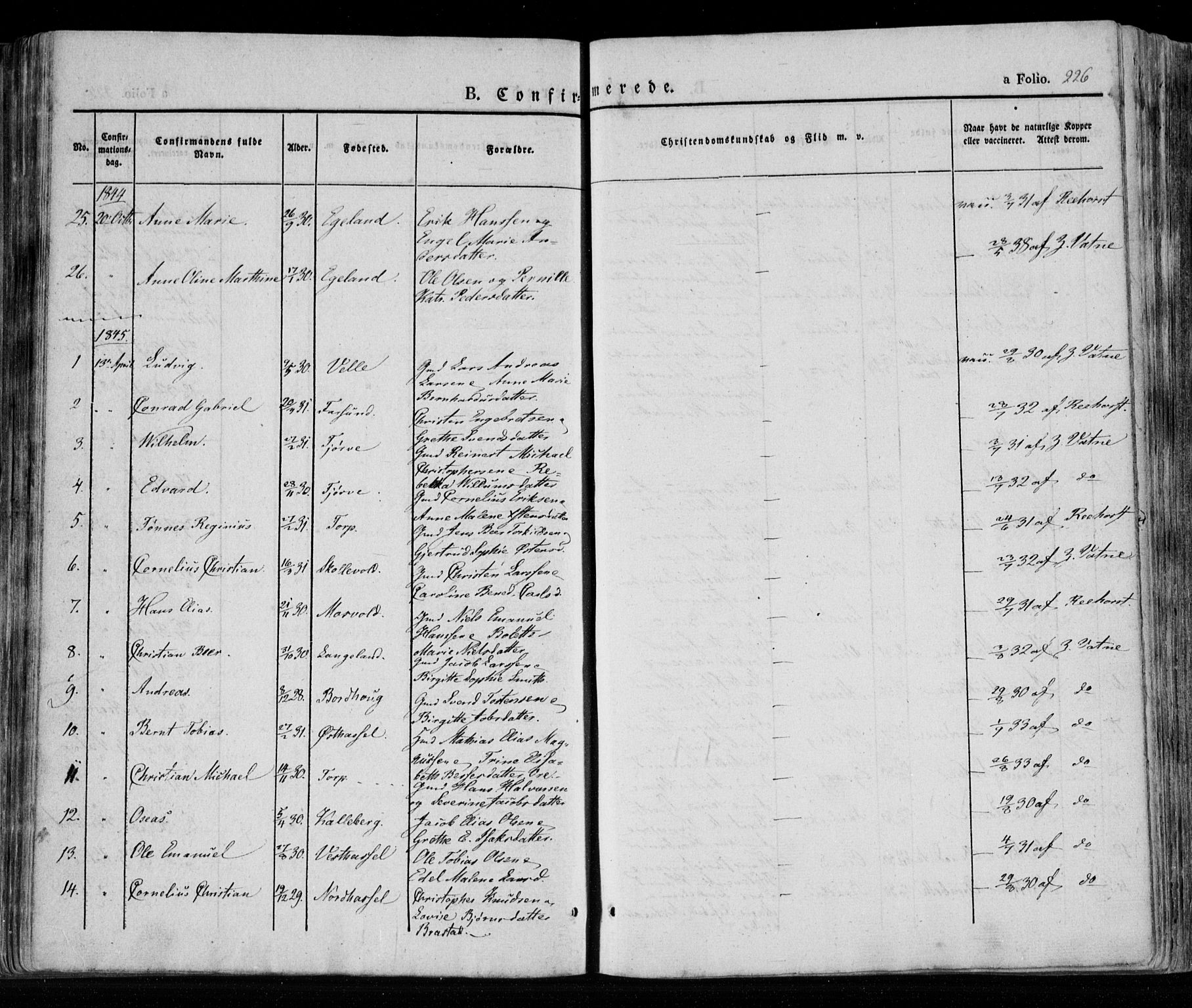 Lista sokneprestkontor, AV/SAK-1111-0027/F/Fa/L0009: Parish register (official) no. A 9, 1835-1846, p. 226