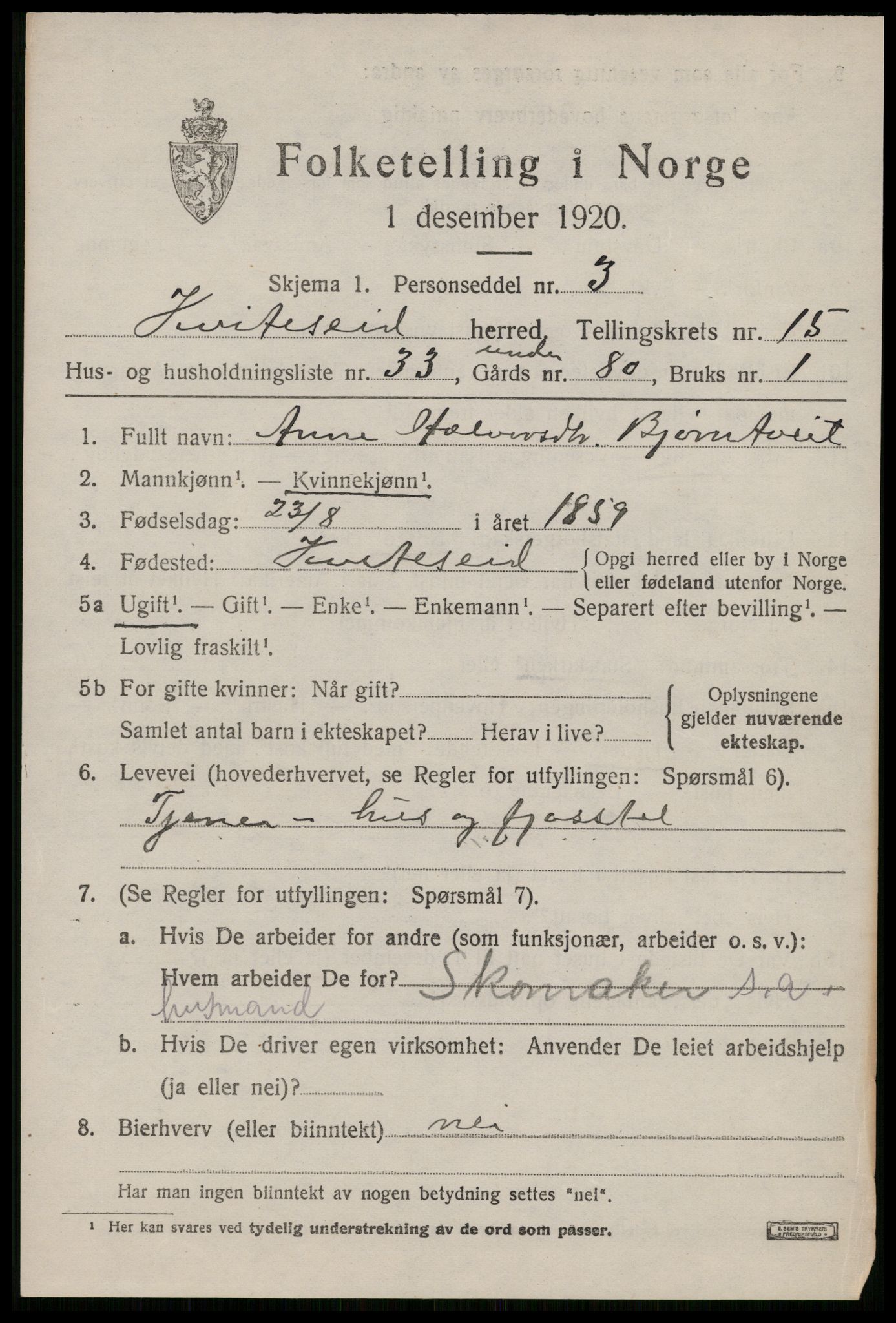 SAKO, 1920 census for Kviteseid, 1920, p. 7339