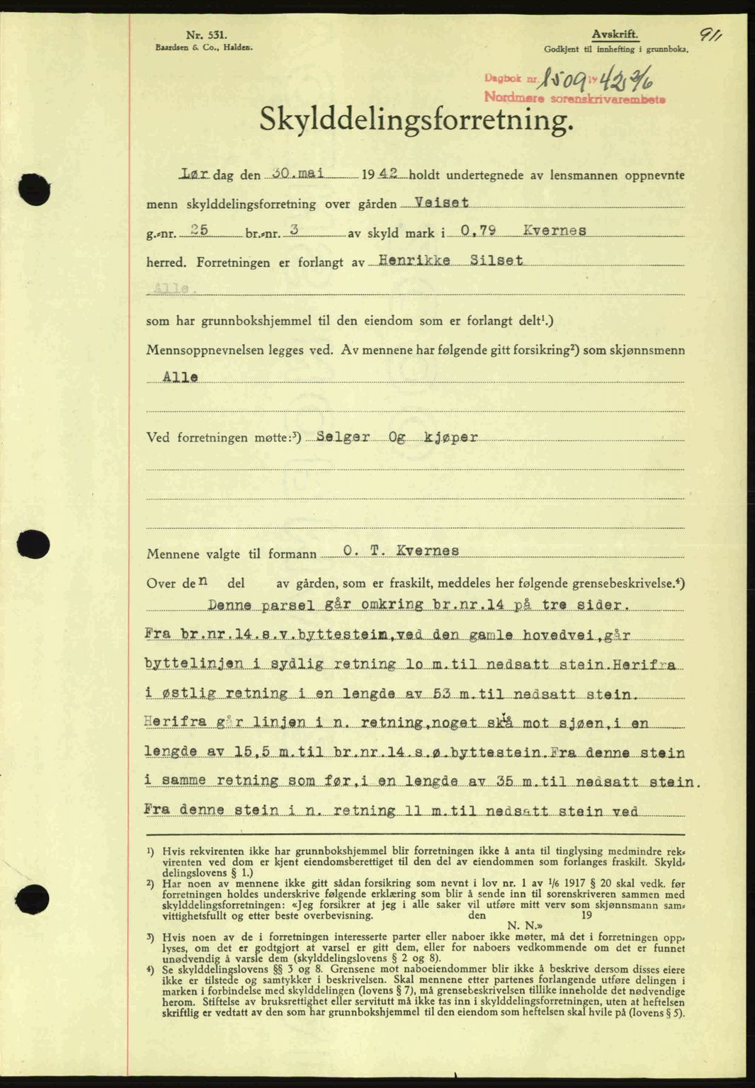 Nordmøre sorenskriveri, AV/SAT-A-4132/1/2/2Ca: Mortgage book no. A92, 1942-1942, Diary no: : 1509/1942