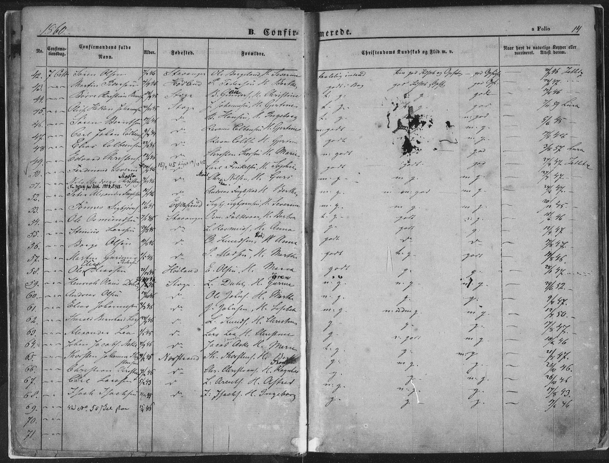 Domkirken sokneprestkontor, AV/SAST-A-101812/001/30/30BA/L0018: Parish register (official) no. A 17, 1857-1877, p. 14