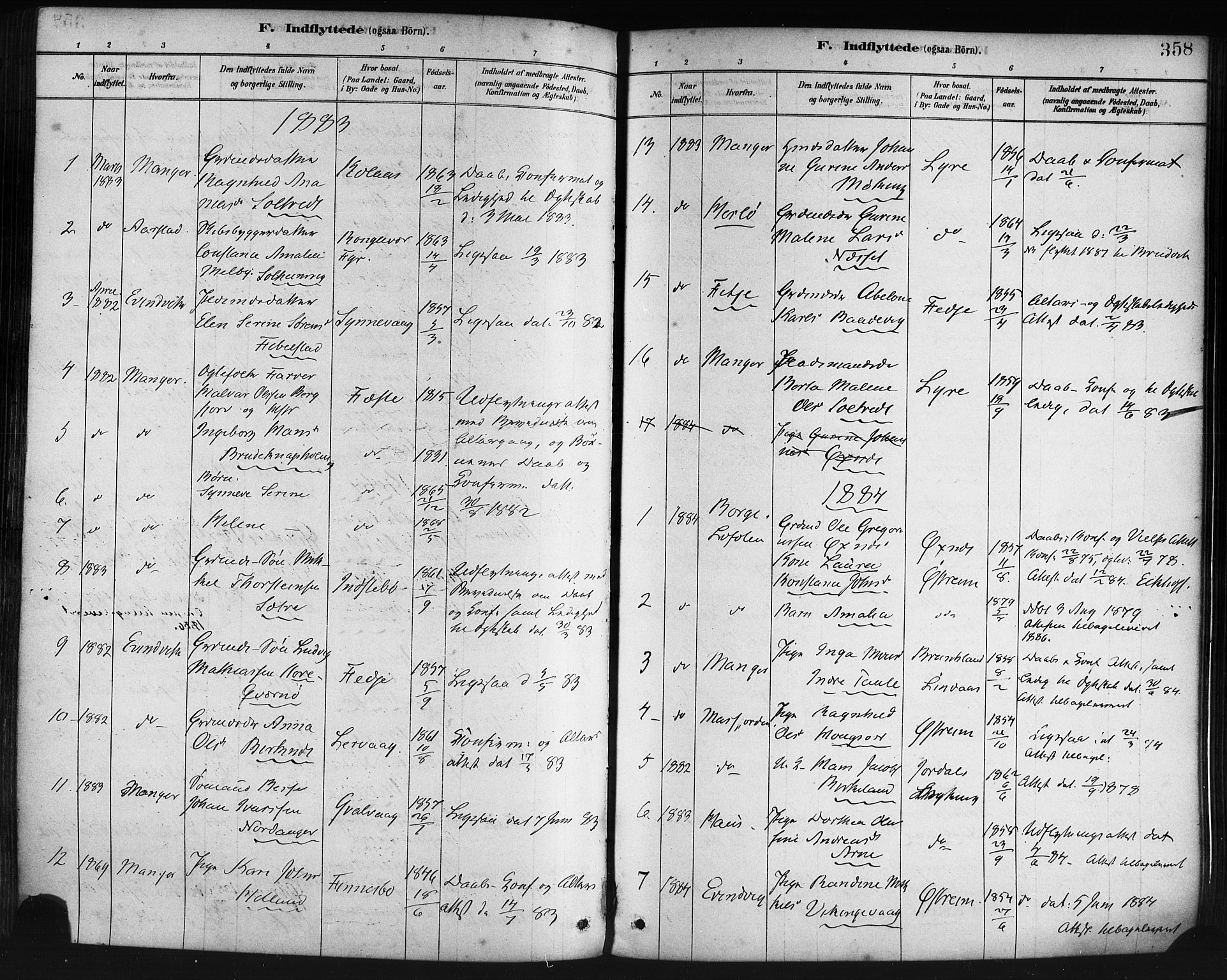 Lindås Sokneprestembete, AV/SAB-A-76701/H/Haa/Haaa/L0019: Parish register (official) no. A 19, 1878-1912, p. 358