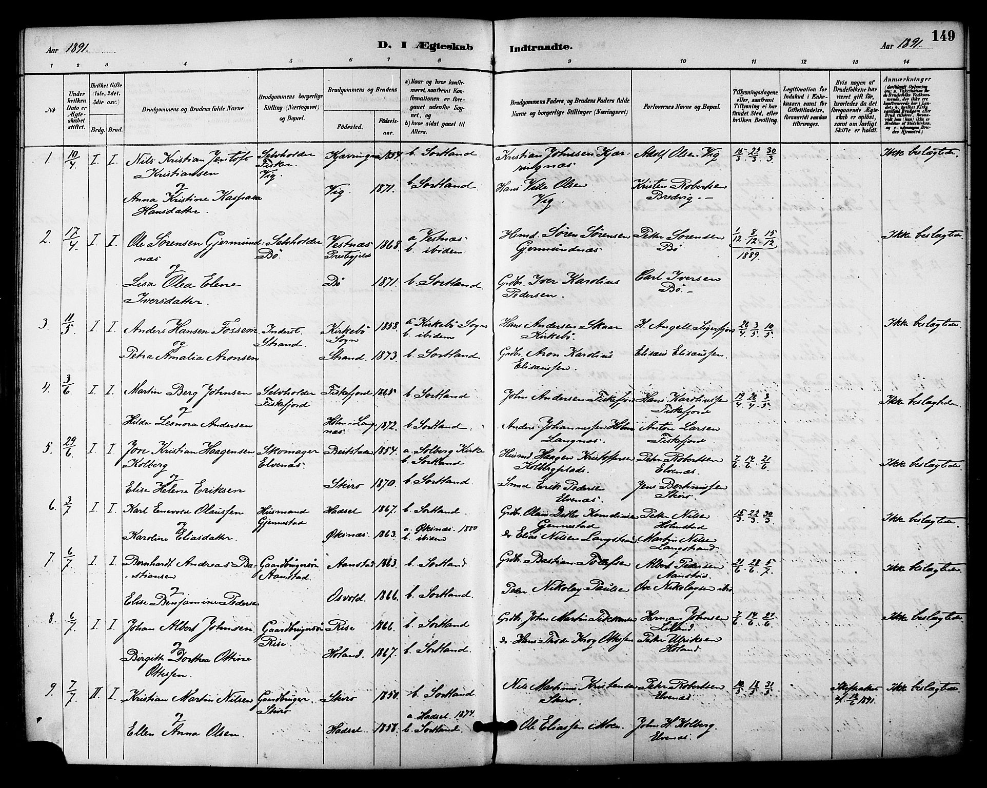 Ministerialprotokoller, klokkerbøker og fødselsregistre - Nordland, AV/SAT-A-1459/895/L1371: Parish register (official) no. 895A06, 1885-1894, p. 149