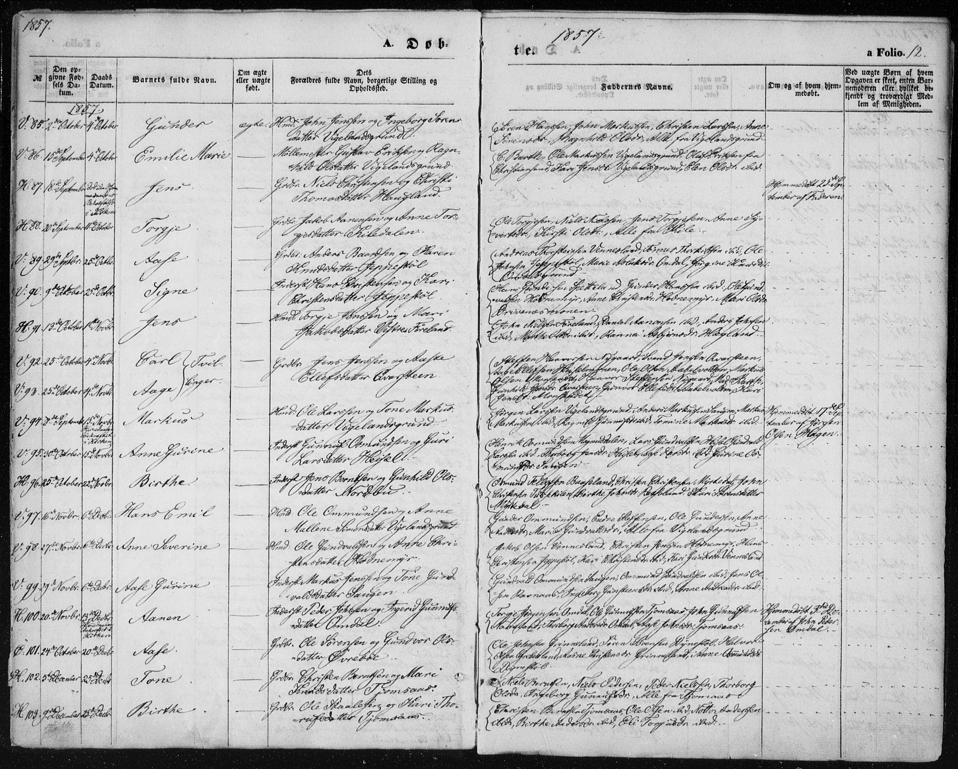 Vennesla sokneprestkontor, AV/SAK-1111-0045/Fa/Fac/L0007: Parish register (official) no. A 7, 1855-1873, p. 12