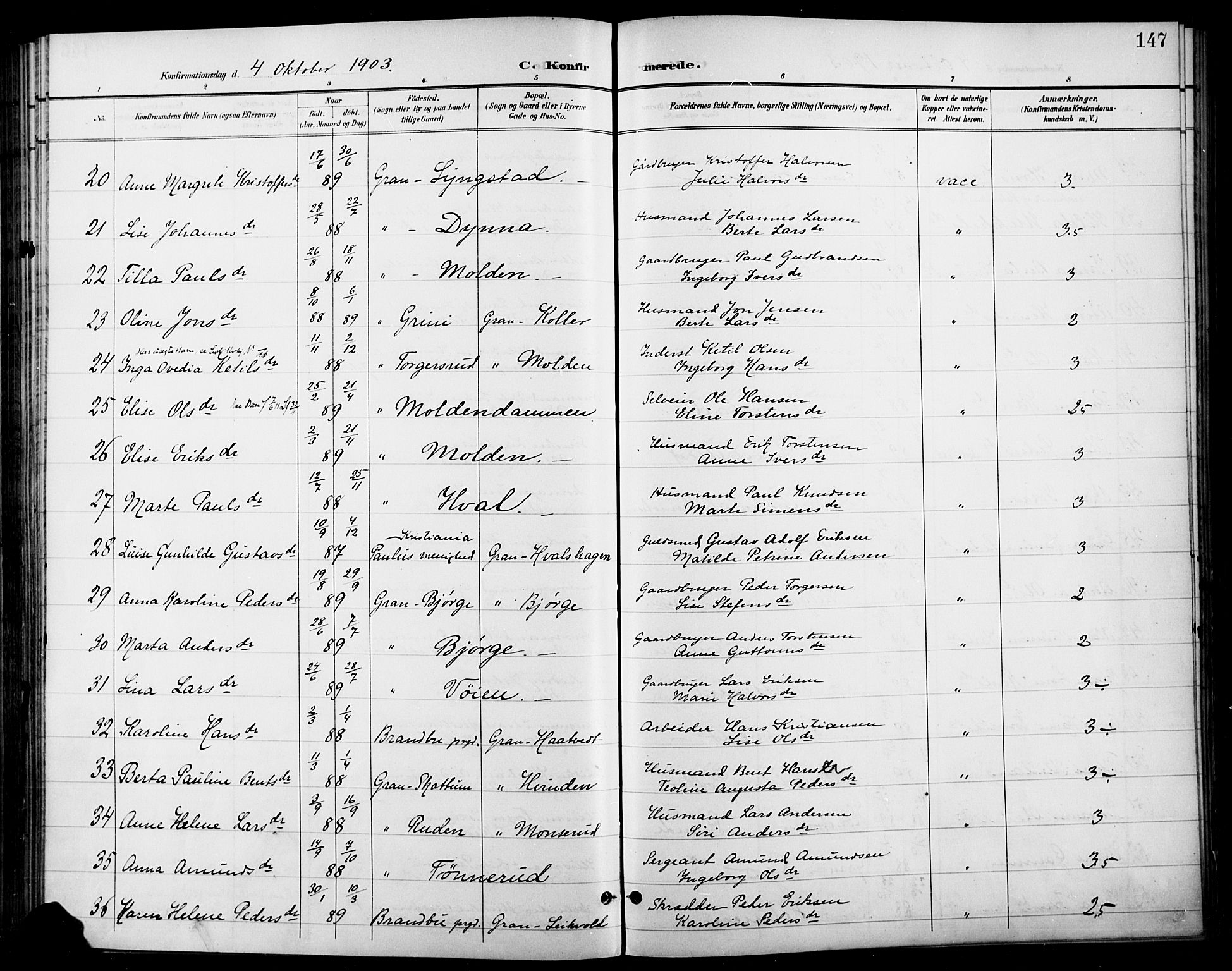 Gran prestekontor, AV/SAH-PREST-112/H/Ha/Haa/L0019: Parish register (official) no. 19, 1898-1907, p. 147