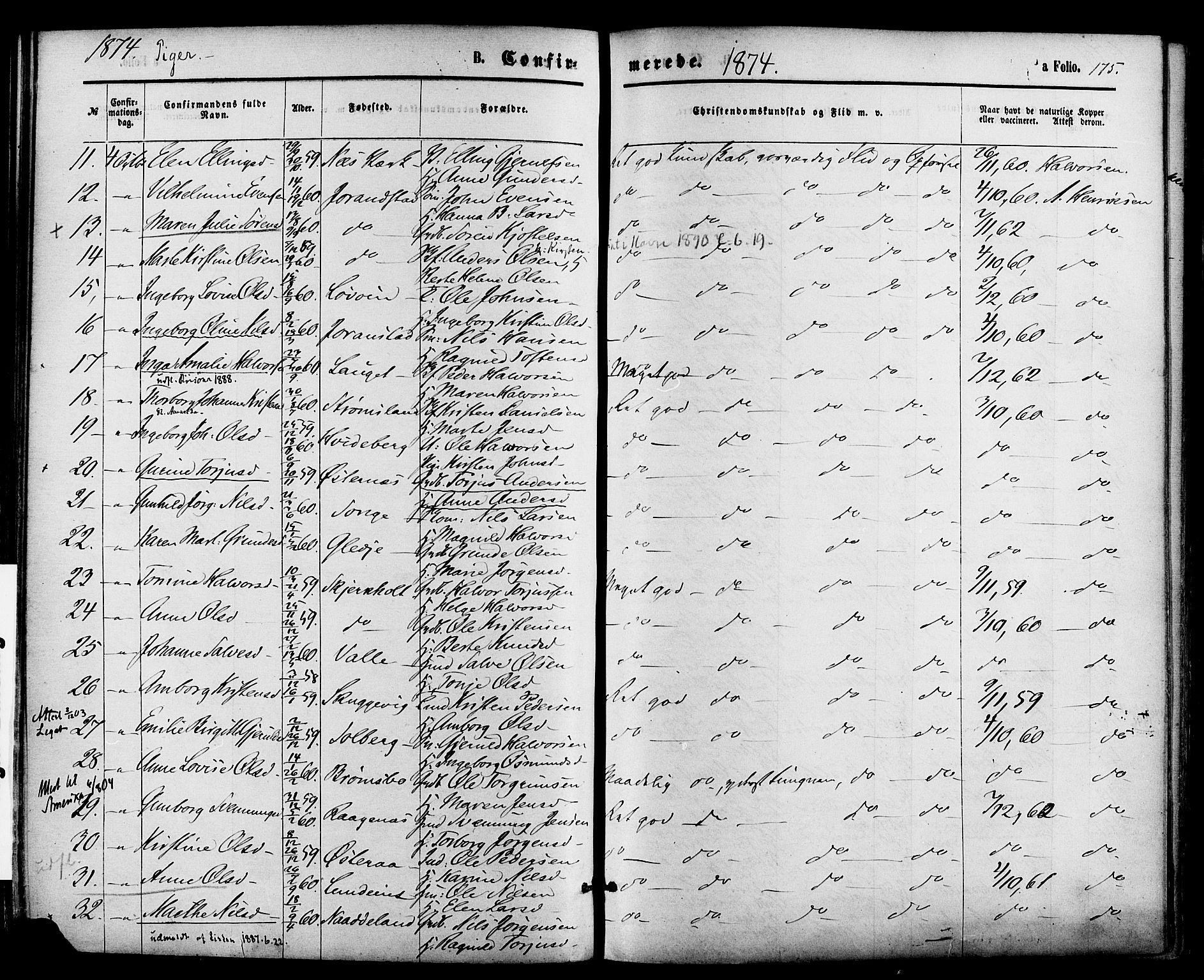 Holt sokneprestkontor, AV/SAK-1111-0021/F/Fa/L0010: Parish register (official) no. A 10, 1872-1885, p. 175