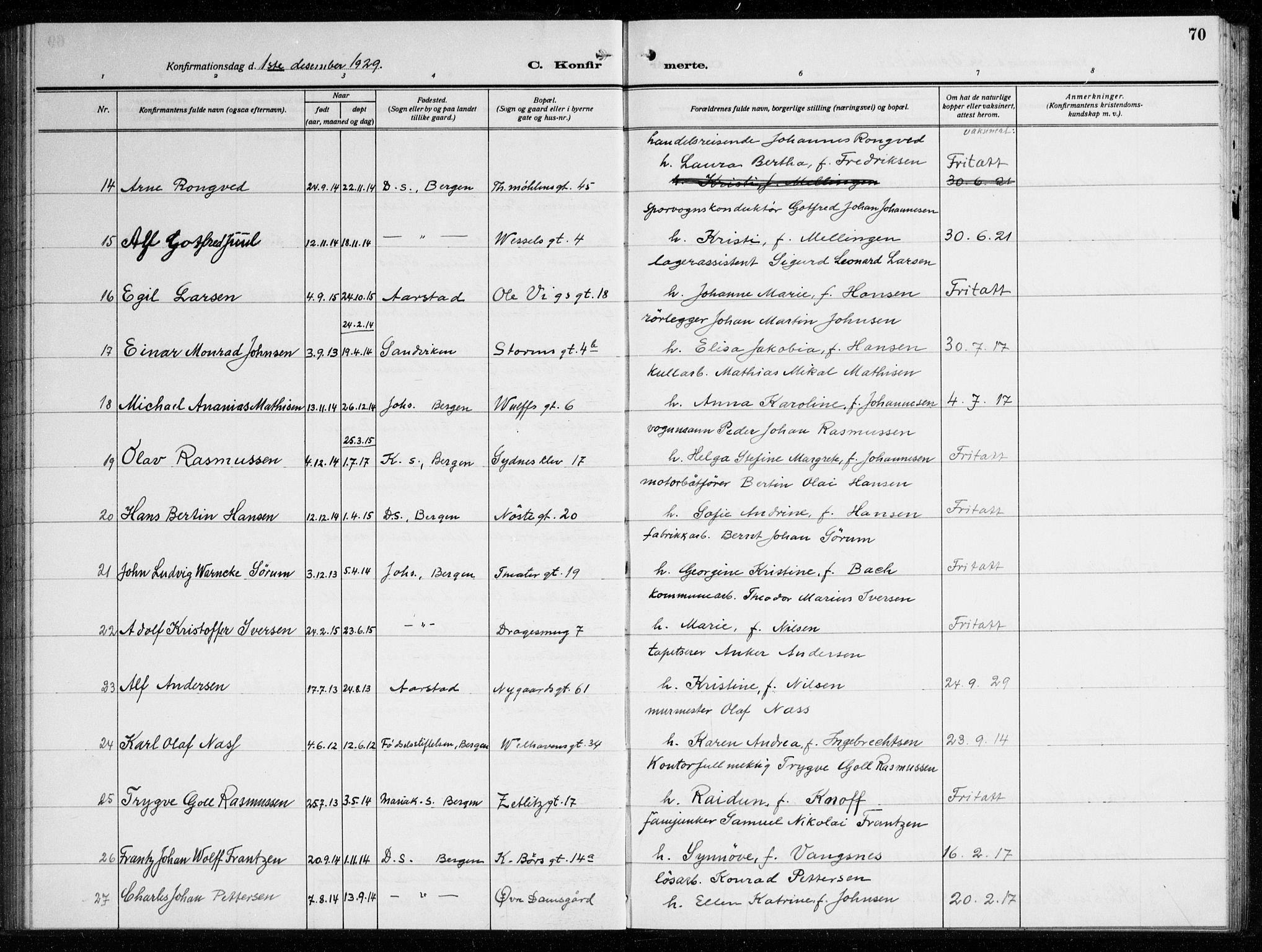 Johanneskirken sokneprestembete, AV/SAB-A-76001/H/Haa/L0010: Parish register (official) no. C 3, 1925-1935, p. 70